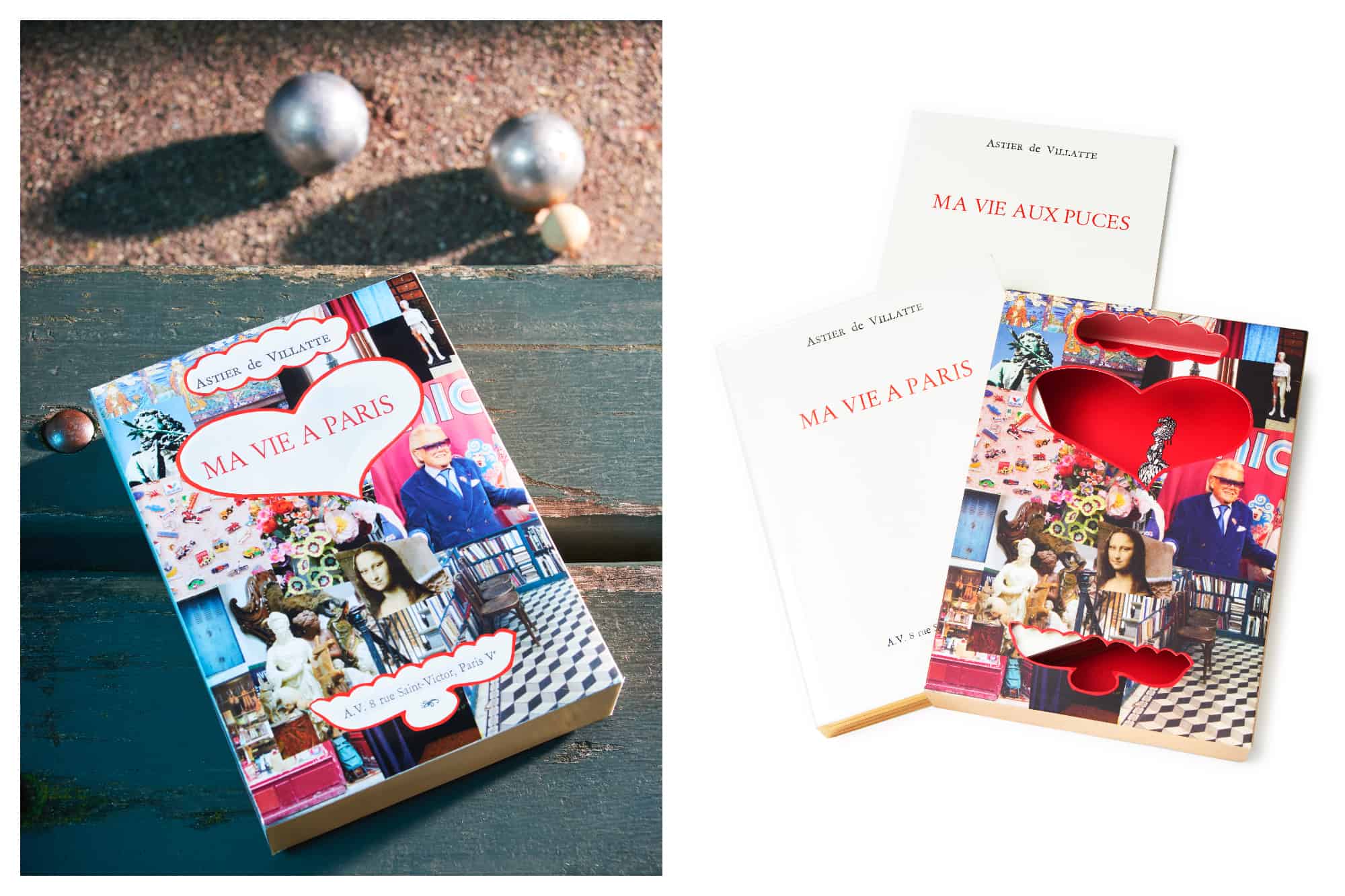 On the left is a copy of Astier de Villate's Ma Vie a Paris, sat on a wooden bench, below which are a few Petanque balls on sandy ground. On the right are a copies of Ma Vie a Paris and Ma Vie Aux Puces.