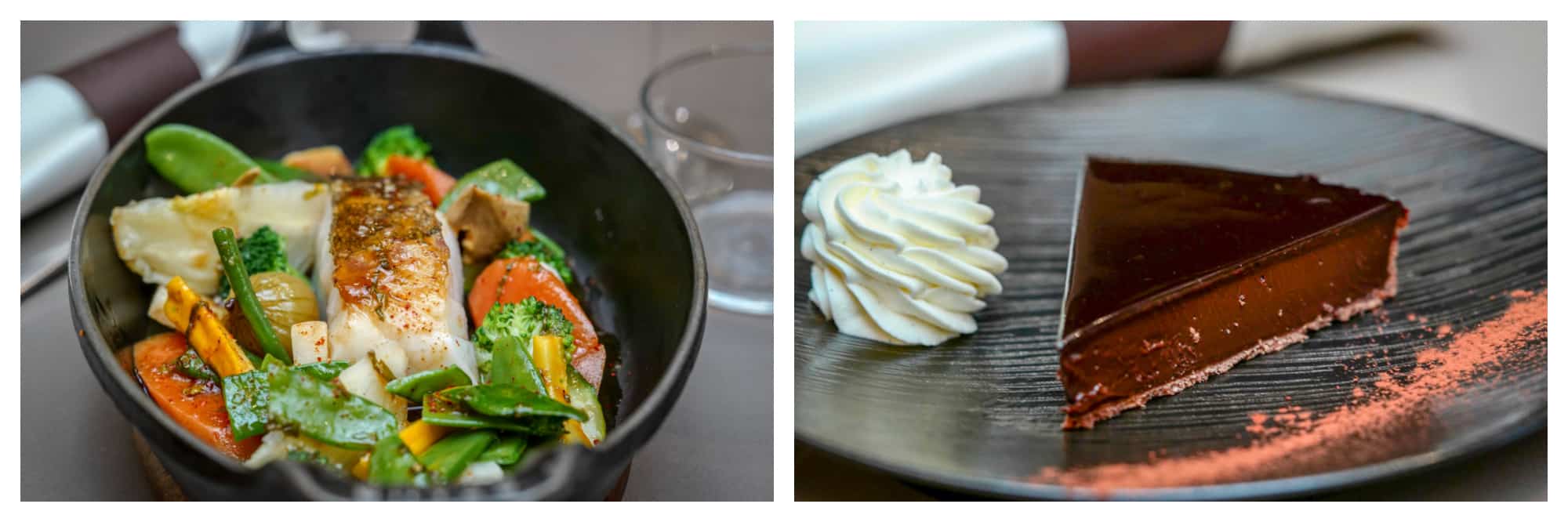 On the left, Les Cocottes in Paris offers seared fish with spring vegetables. On the right, the restaurant's creamy chocolate torte.