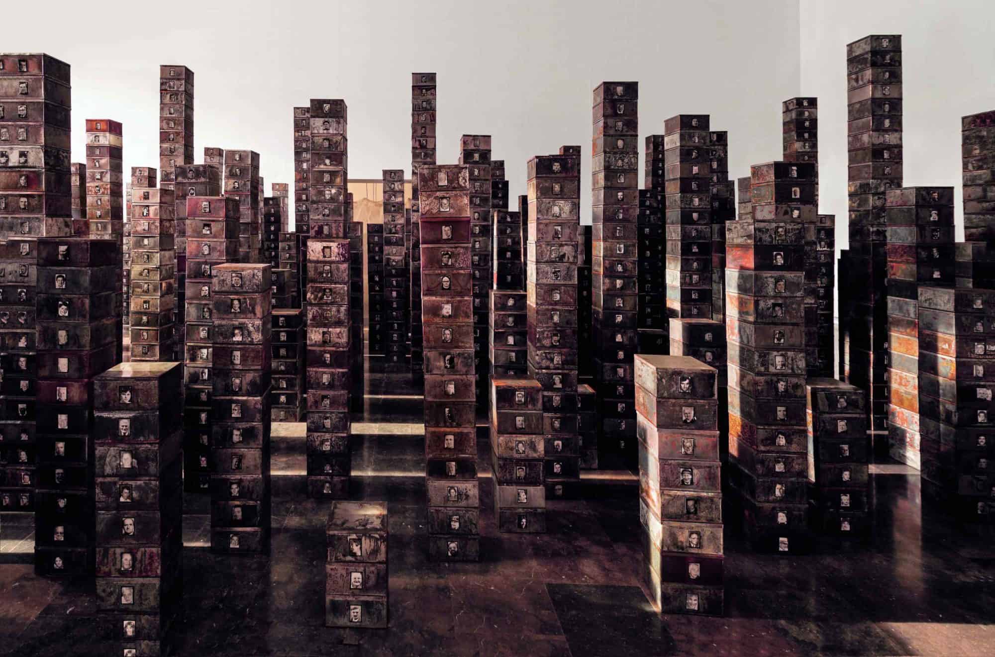 Towers of filing cabinets as part of Christian Boltanski's latest exhibition in Paris.