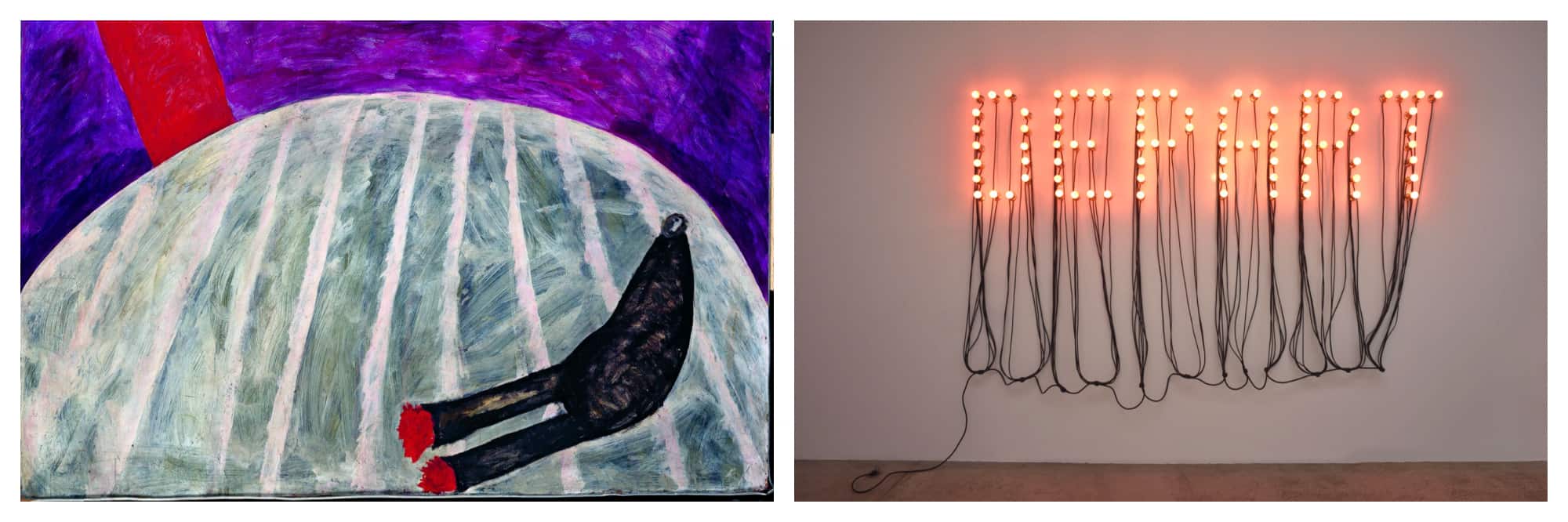 Left, a painting by Boltanski at his exhibition in Paris. Right, neon sign spelling out "departure" in French.