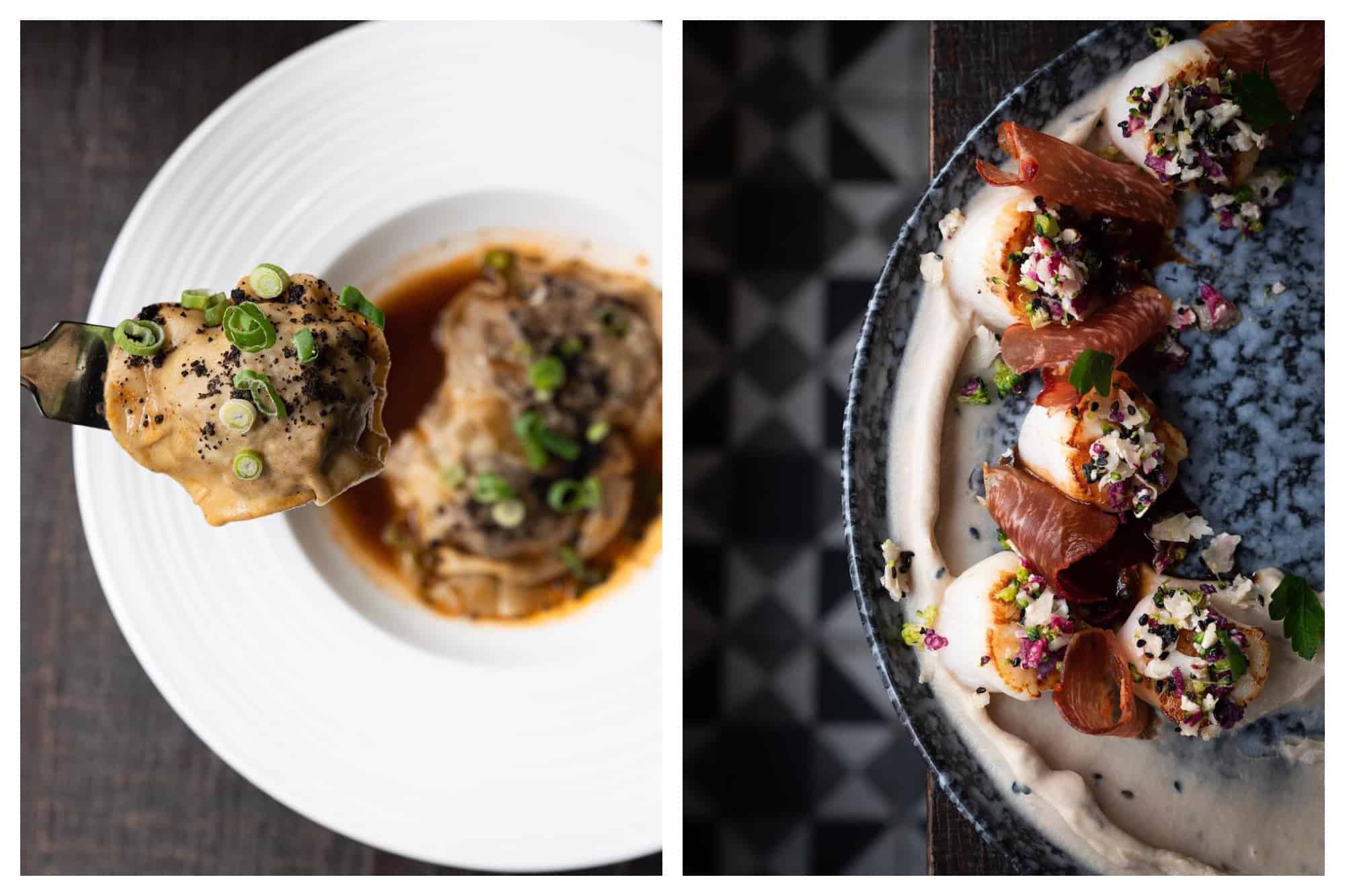 On left: A forkful of ravioli stuffed with tender beef cheeks and topped with fresh scallions, made by Les Chouettes, a cantina located in the upper Marais neighborhood of Paris. On right: A plate of luscious scallops sit lazily in a creamy sauce, made by Les Chouettes, a chic eatery in Paris' Marais neighborhood. 