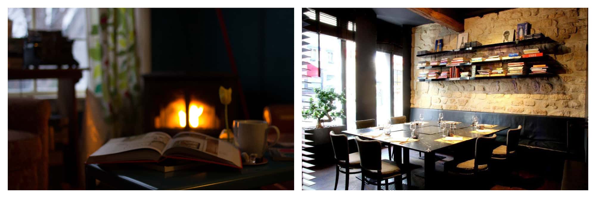 On left: A comfortable fire casts an orange glow over a café table, leaving the patron to enjoy her book and large mug of coffee on a grey winter day. On right: Light pours into the library room and onto a dining table of Atelier Maître Albert, a modern rotisserie on Paris' left bank. 