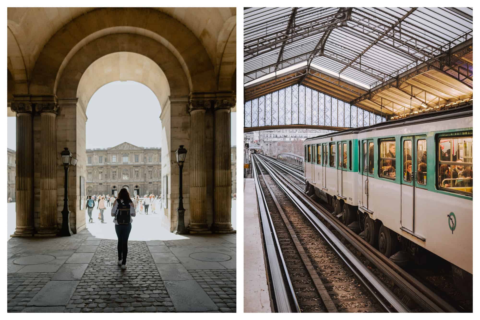 On left: A girl walks into the light-flooded back courtyard of the Louvre, framed by the majestic archway and classic Paris street lamps. On right: Metro line six passes through a station. In tram mode, it rides above ground on a bridge, giving riders a beautiful view of Paris. 