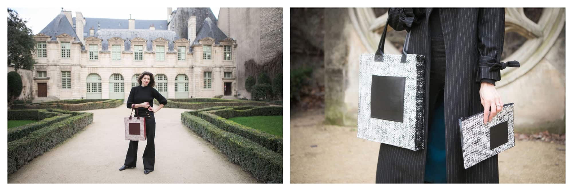 On left: Kasia Dietz, founder of her eponymous handbag line, enjoys a walk through the gardens of Hôtel de Sully in Paris' Marais neighborhood. On right: a model wears a Kasia Dietz black and white tote bag with a clutch to match. 