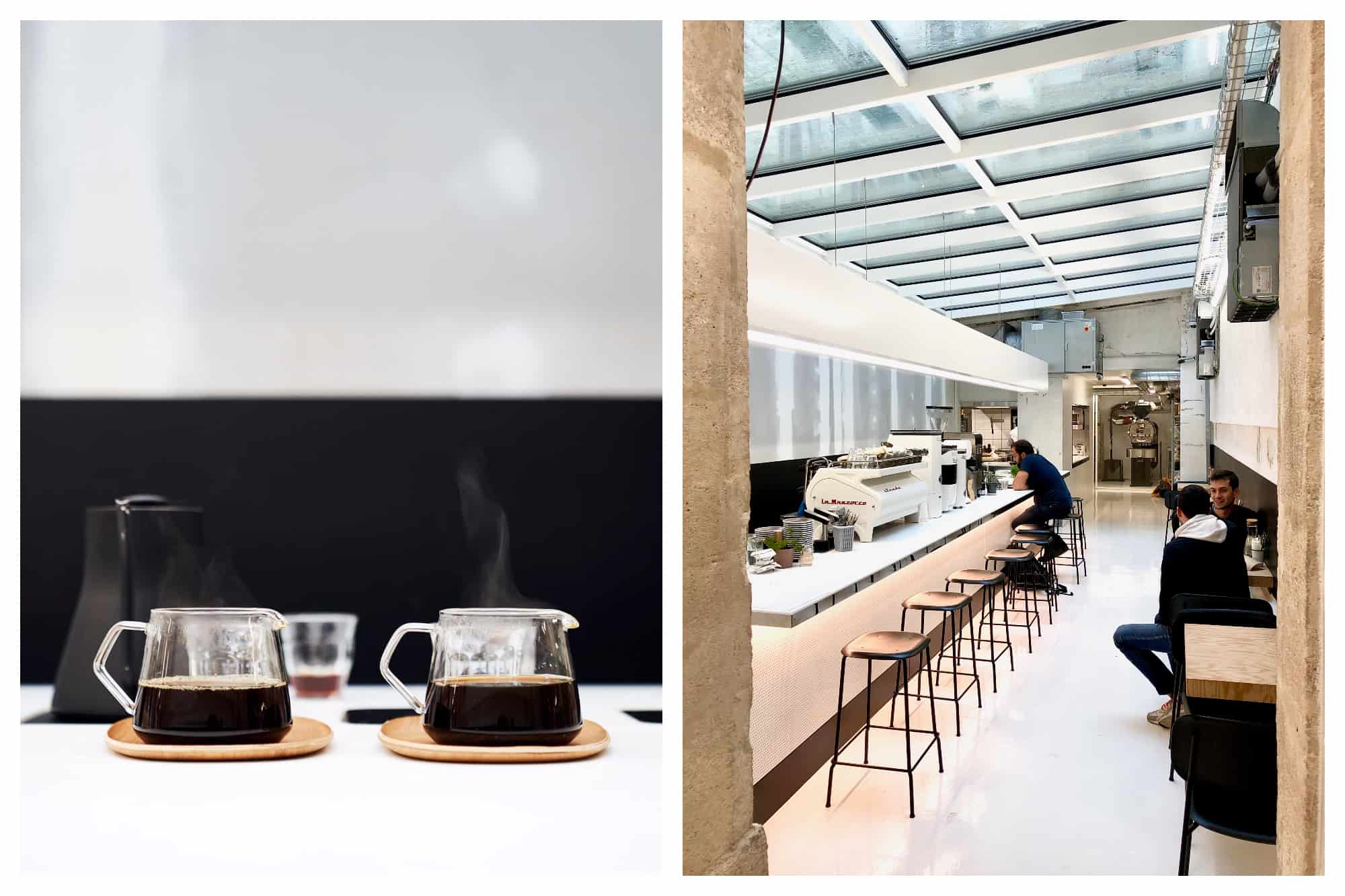 Two pots of glass steaming coffee pots (left) and zen interiors with glass roof (right) at Paris café Back in Black.