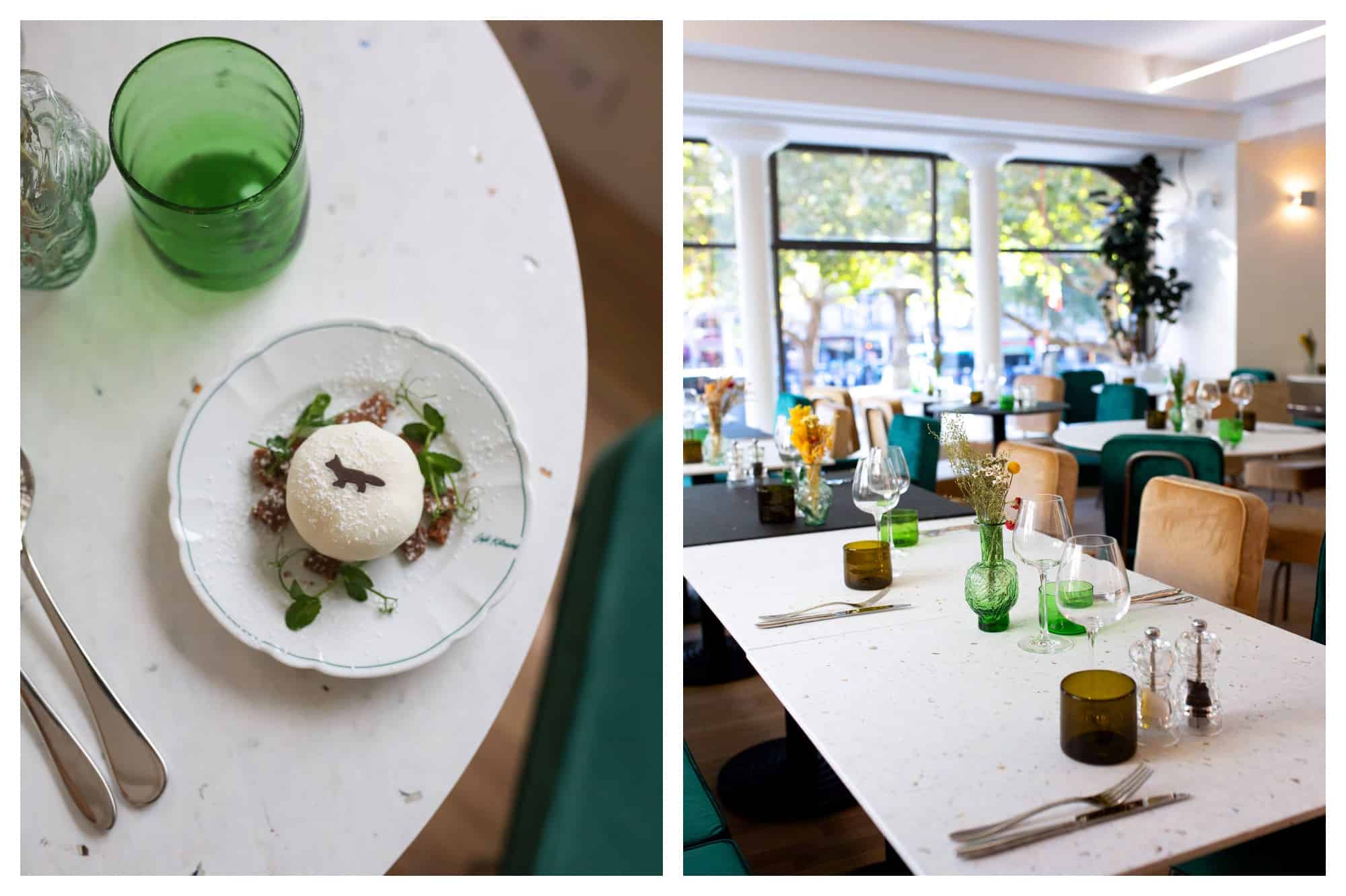 A rice ball dish with a small design of a fox on a table (left) and light and bright interiors (right) of Café Kitsuné in Paris.
