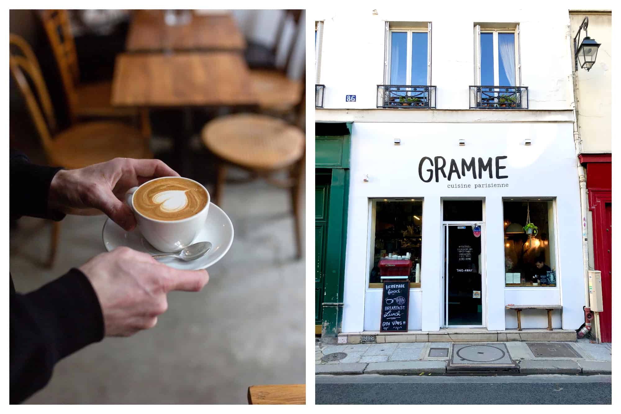 A bartender carrying a frothy cappuccino with a heart with wooden tables and chairs in the background (left) and the white exterior of Gramme coffee shop in Paris (right).