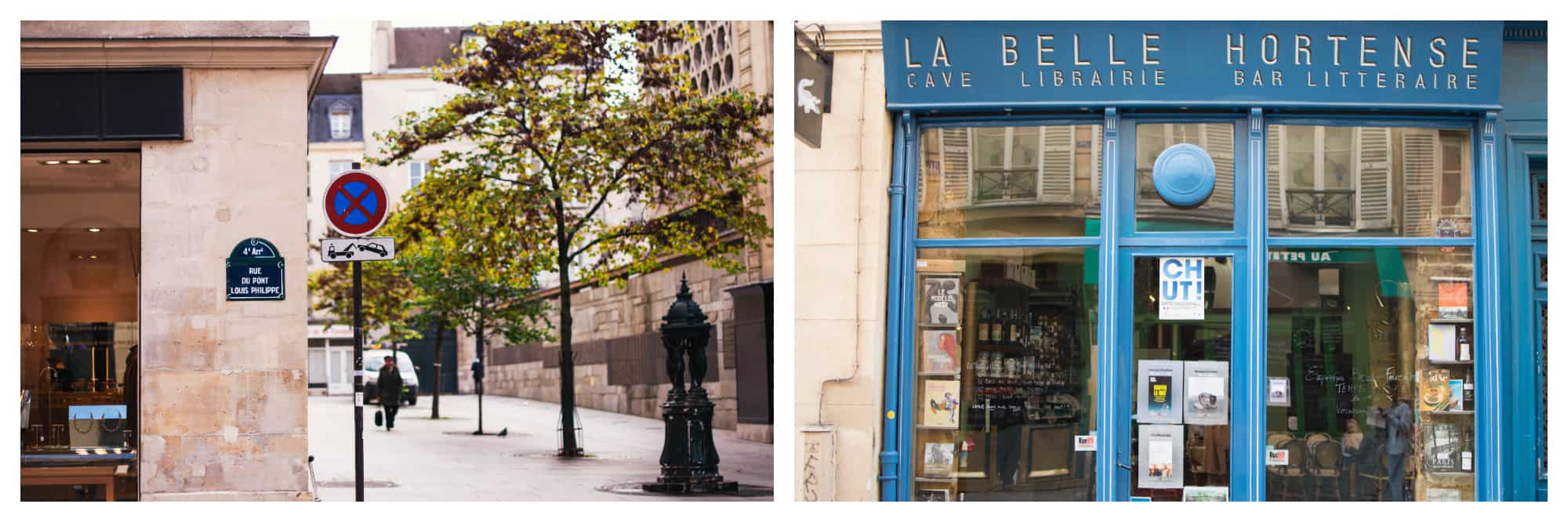 On left: A peaceful, sunny day on rue du Pont Louis Philippe in Paris' 4th arrondissement. On right: The wine bar La Belle Hortense is a wine cave, bookshop, and literary ball rolled into one, and a popular spot for an apéritif. 
