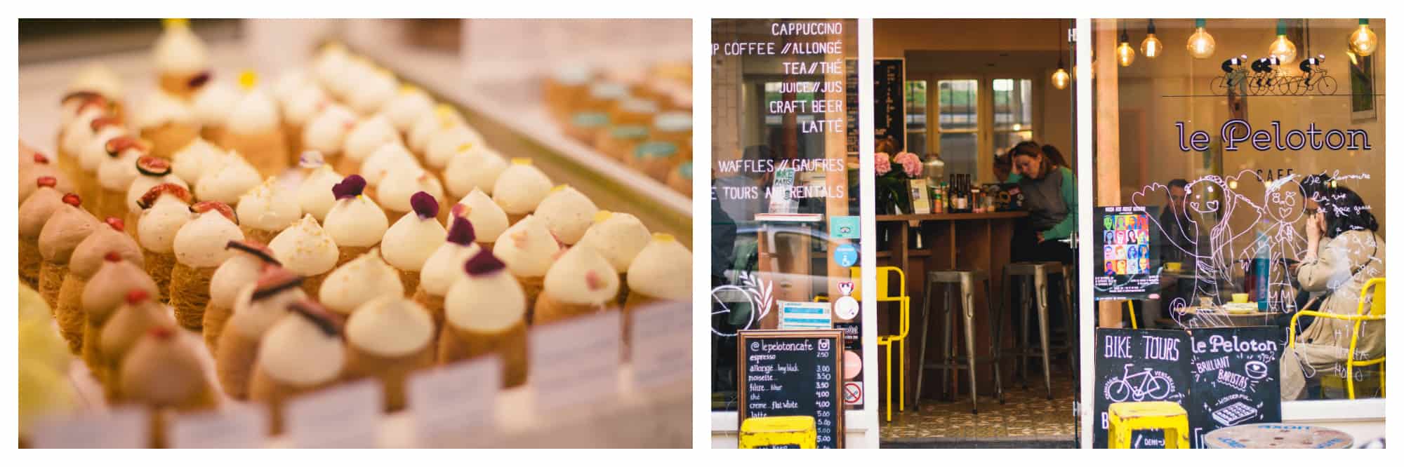 On left: cute, miniature pastries sit lined up in a shop window, each wearing a little hat of cream and dotted with a delicate morsel of fruit. On right: The popular coffee shop Le Peloton in Paris' Le Marias neighbhorhood opens its doors into the inviting, warm interior accented by the yellow furniture. 
