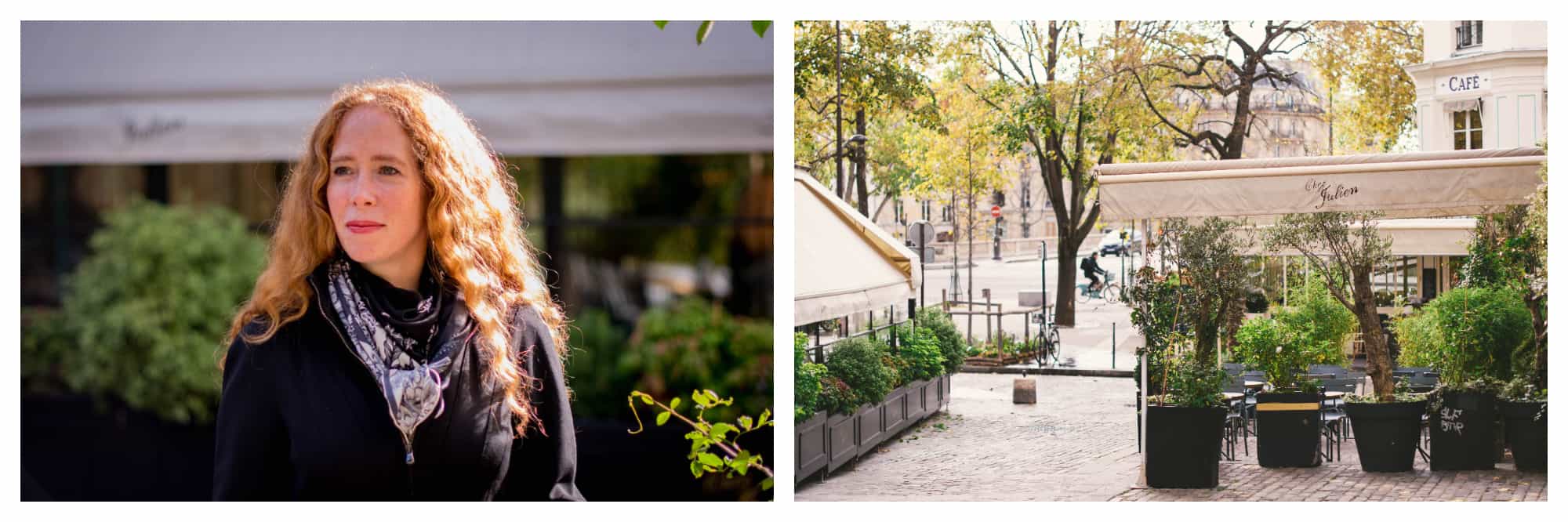 On left: Jane Bertch, founder of La Cuisine Paris cooking school, enjoys a sunny fall afternoon in the streets of Paris. On right: A quiet moment at rue des Barres, a small side street by the Seine in Paris' 4th arrondissement. 
