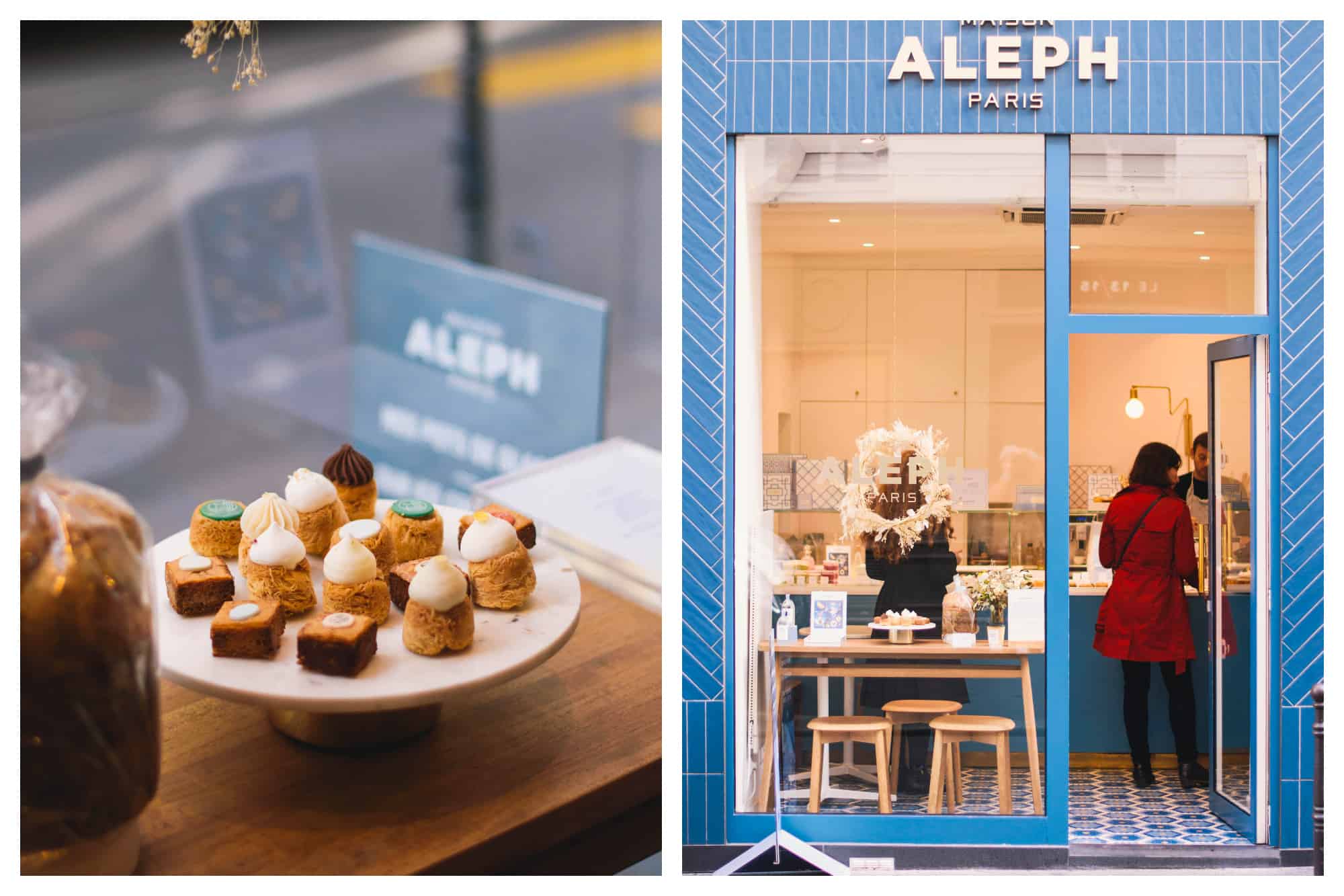 On left: A plate of miniature pastries sit in a sunlit window of Maison Aleph. Called nids, they are shaped like birds' nests and topped with fruit confit and whipped cream. On right: the sky-blue facade of Maison Aleph in Paris invites people to step inside for a treat. 