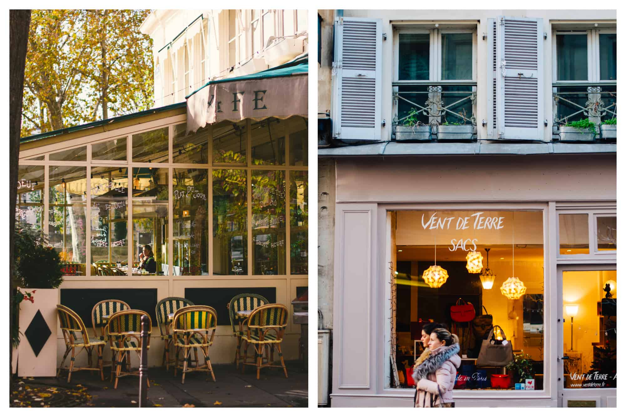 On left: Empty chairs on a café terrace await diners for an apéritif in Paris. On right: Vent de Terre, on Île Saint Louis in Paris, sells handbags designed in France.