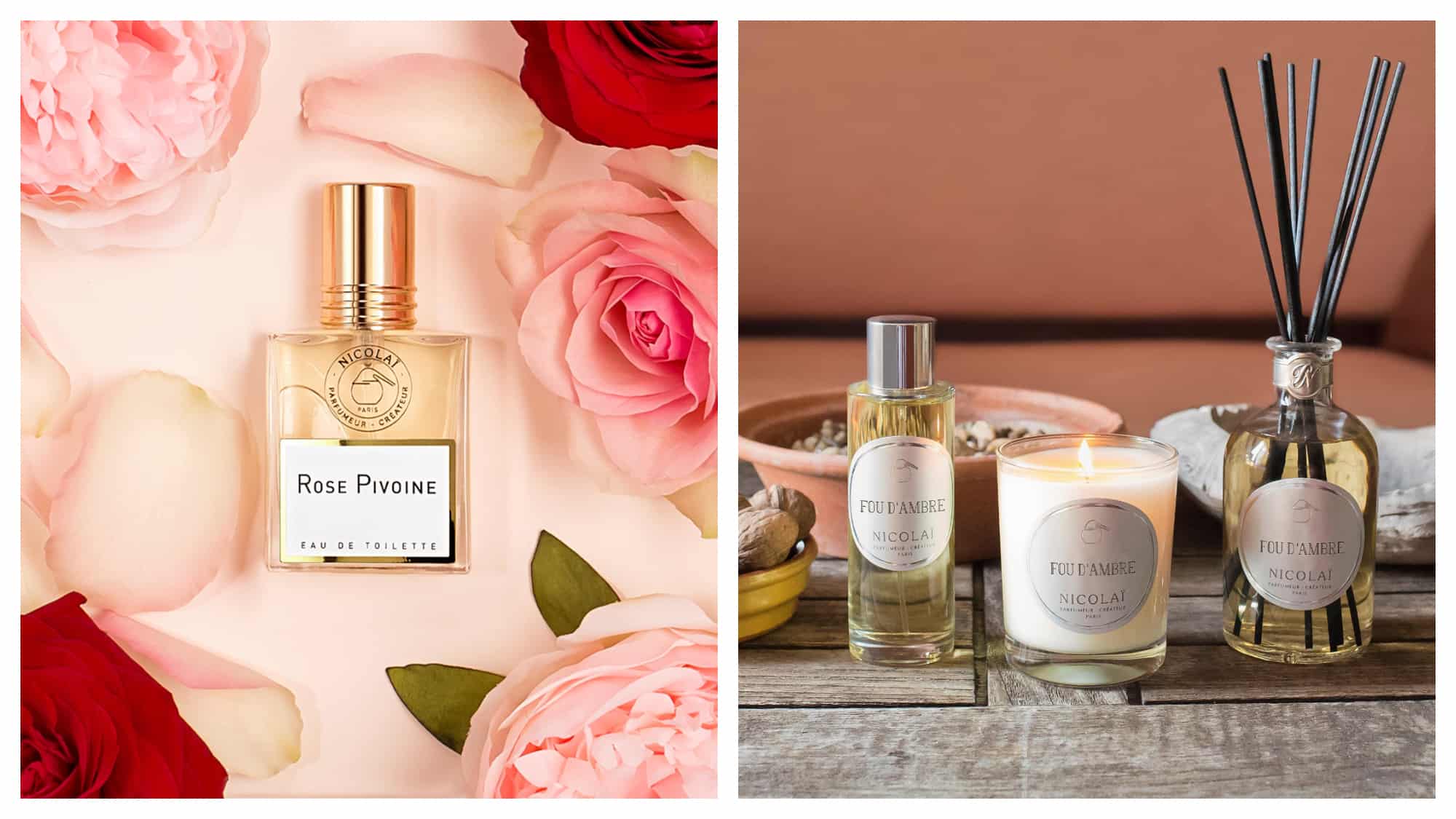 On left: An elegant bottle of perfume, called "rose pivoine," lays surrounded by pink peonies and roses. It is a scent created by Nicolaï, a 30-year old perfumery founded by the great-granddaughter of Pierre Guerlain. On right: A trio of perfume, a candle, and a diffuser in the scent "Fou d'Ambre" were created by the perfumery Nicolaï, whose laboratory is located on the rue de Richelieu in Paris. 