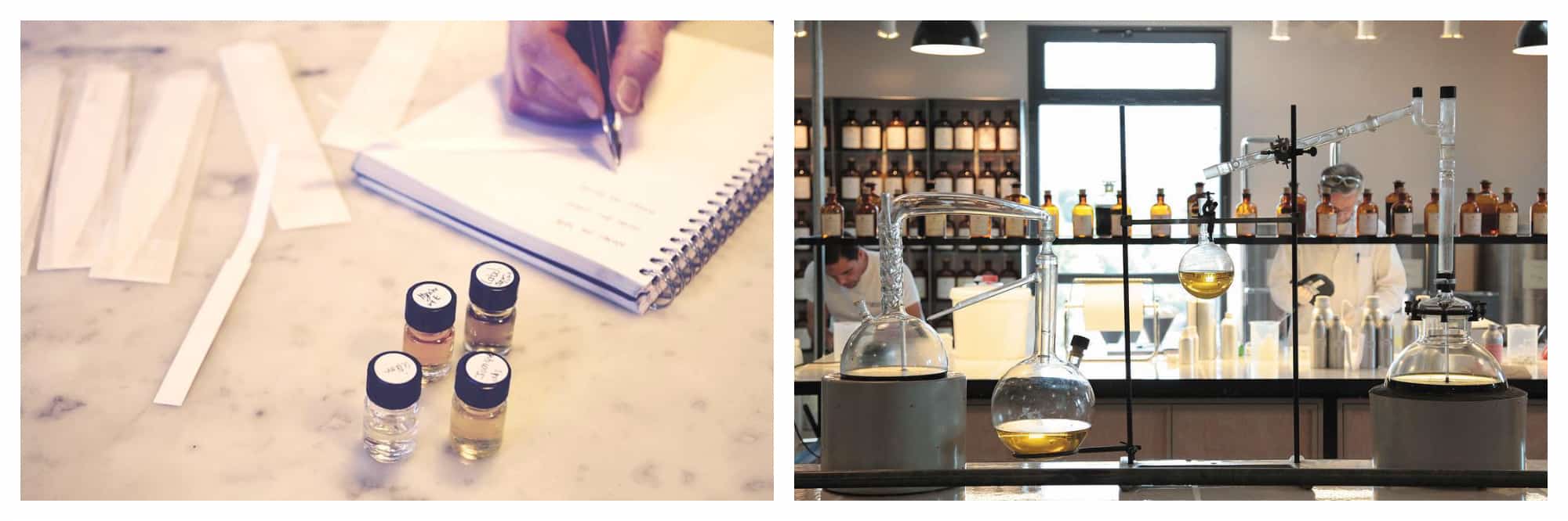 On left: After testing four different perfumes, a participate takes down notes at a workshop run by Rendez-Vous Parfum, a Paris-based company specializing in perfume walks, workshops, and sensory events. On right: Two perfumers carefully mixing scents in the workshop of Fragonard, a family-owned Paris perfumery, which also runs the Musée du Parfum in Paris. 