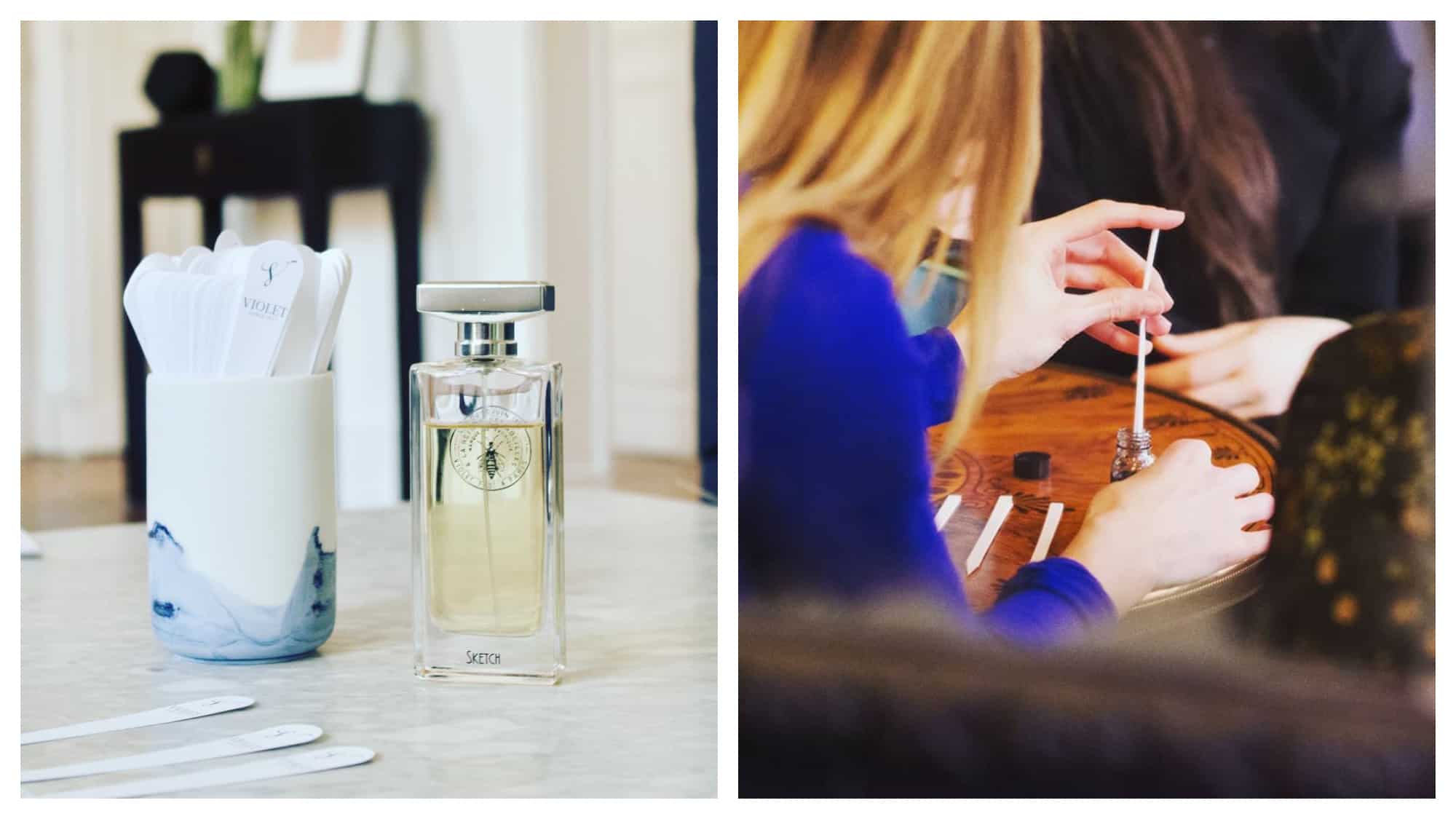 On left: A sleek bottle of perfume sits next to tester strips, awaiting participants at a workshop run by Rendez-Vous Parfum, which specializes in perfume walks, workshops, and sensory events. On right: A woman carefully dips a tester stick into a bottle of perfume at an event hosted by Rendez-Vous Parfum, where participants can learn more about the history and creation of this luxury item. 