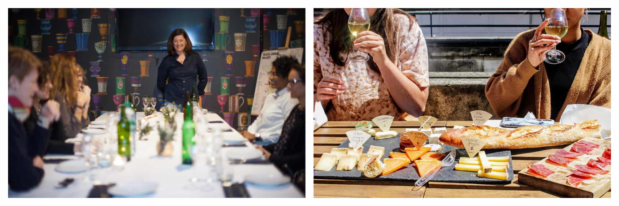 On left: Cynthia Coutu of Delectabulles, her champagne master class company, hosts a workshop dinner for an intimate group of attendees. On right: Two guests enjoy glasses of wine and cheese and charcuterie boards at a tasting tour with Flavors of Paris, founded by Lisa Rankin. 