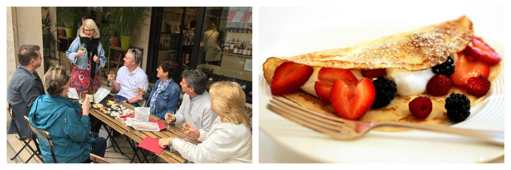 On left: Lisa Rankin, founder of the food tour company Flavors of Paris, leads a guided visit on wine, cheese, and charcuterie at a local Paris restaurant. On right: An overflowing, golden, crispy crêpe is stuffed with whipped cream. strawberries, raspberries, and blackberries. 