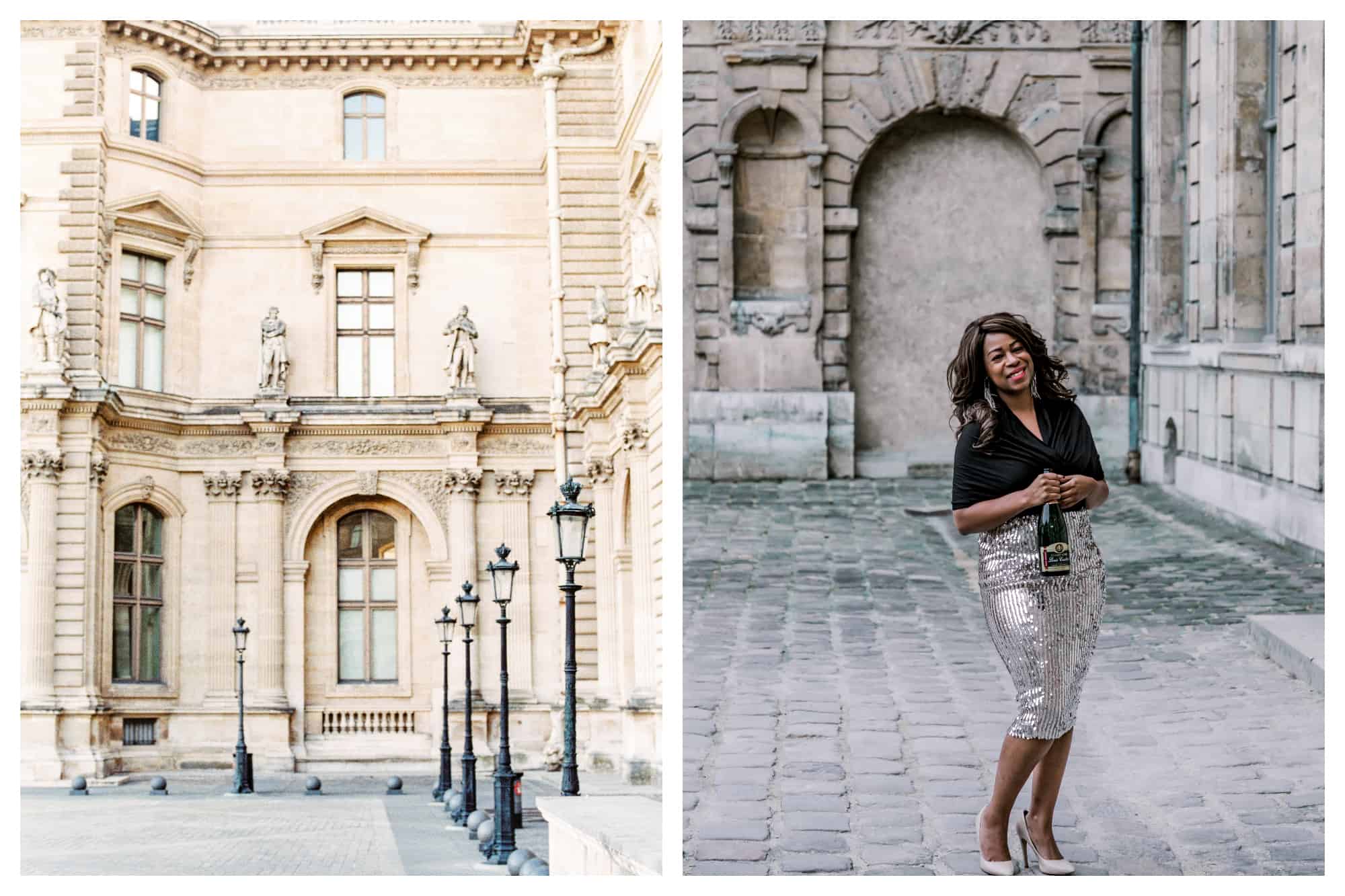 On left: A peaceful morning at the Louvre in an empty corner of the courtyard, the statues looking down onto the classic lampposts. On right: Tanisha Townsend of Girl Meets Glass, her wine tasting and tour company, smiles for the camera, holding a bottle of champagne.