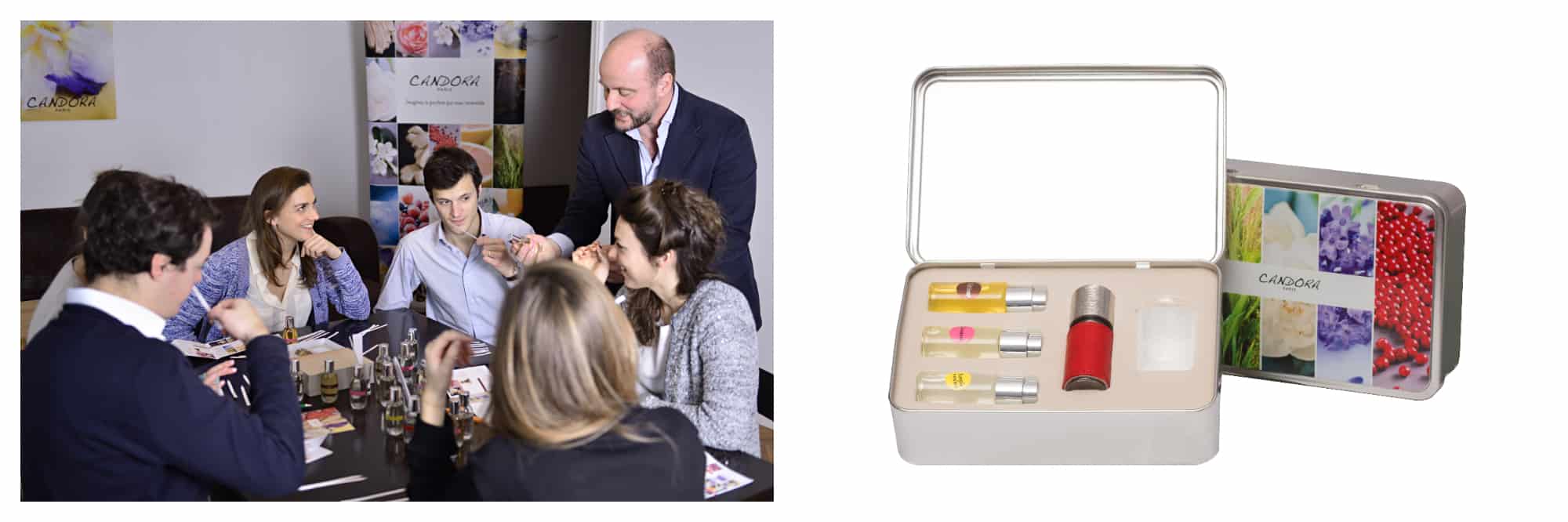 On left: A group of people participate in a workshop led by Candora, a niche perfumery in Paris' Marais neighborhood. They are given an overview of the perfume-making process before creating their own scent. On right: A tin of Candora perfumes features four different scents for recipients to try and to mix. 