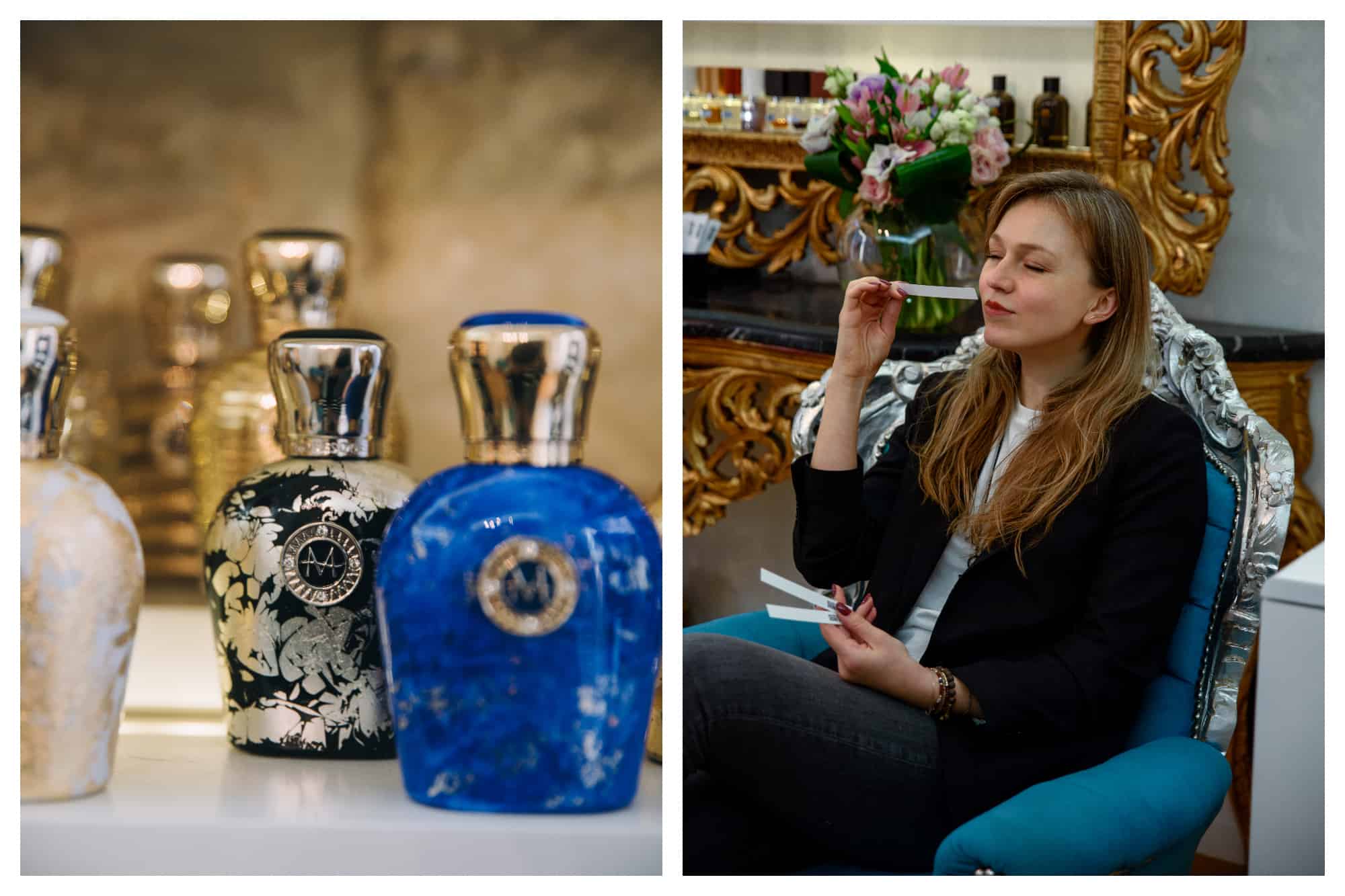 On left: Beautifully decorated jars of perfume sit on a counter, waiting to be tested at Sensory Unique, a shop specializing in stocking exclusive, niche perfumes in Paris. On right: A woman closes her eyes, concentrating on the smell of the perfume she samples at Sens Unique, a boutique specializing in niche perfume and finding your perfect scent. 