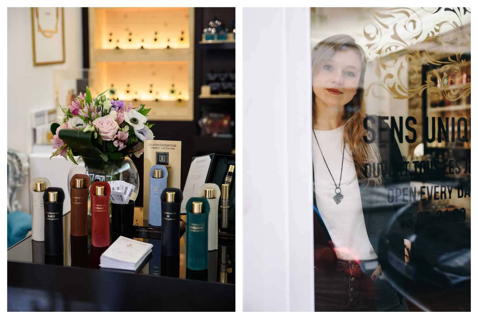 On left: Golden-capped bottles of perfume sit snuggly in leather pouches of different colors, next to an overflowing bouquet of roses and anemones at a Sens Unique boutique, which stocks only bottles from niche perfumeries. On right: A shopgirl gives a shy smile from the window of the Sens Unique shop, an intimate, chic destination for exclusive perfumes. 