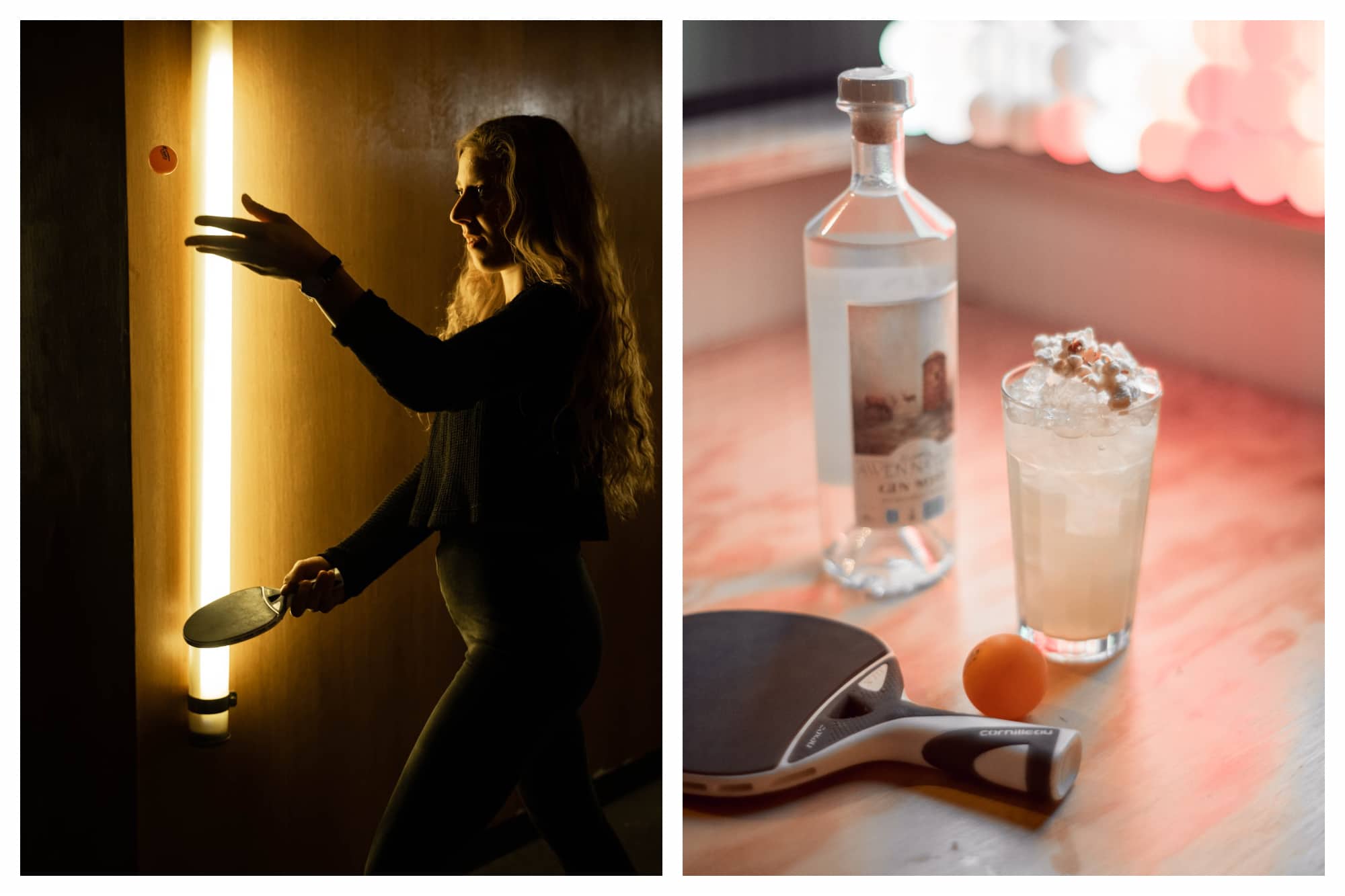 On left: A ping-pong player readies her serve in the dim light of Gossima Ping Pong Bar. On right: Gossima Ping Pong Bar, in Paris' 11th arrondissement, serves up shareable bar food and drinks that you can enjoy in between sets. 