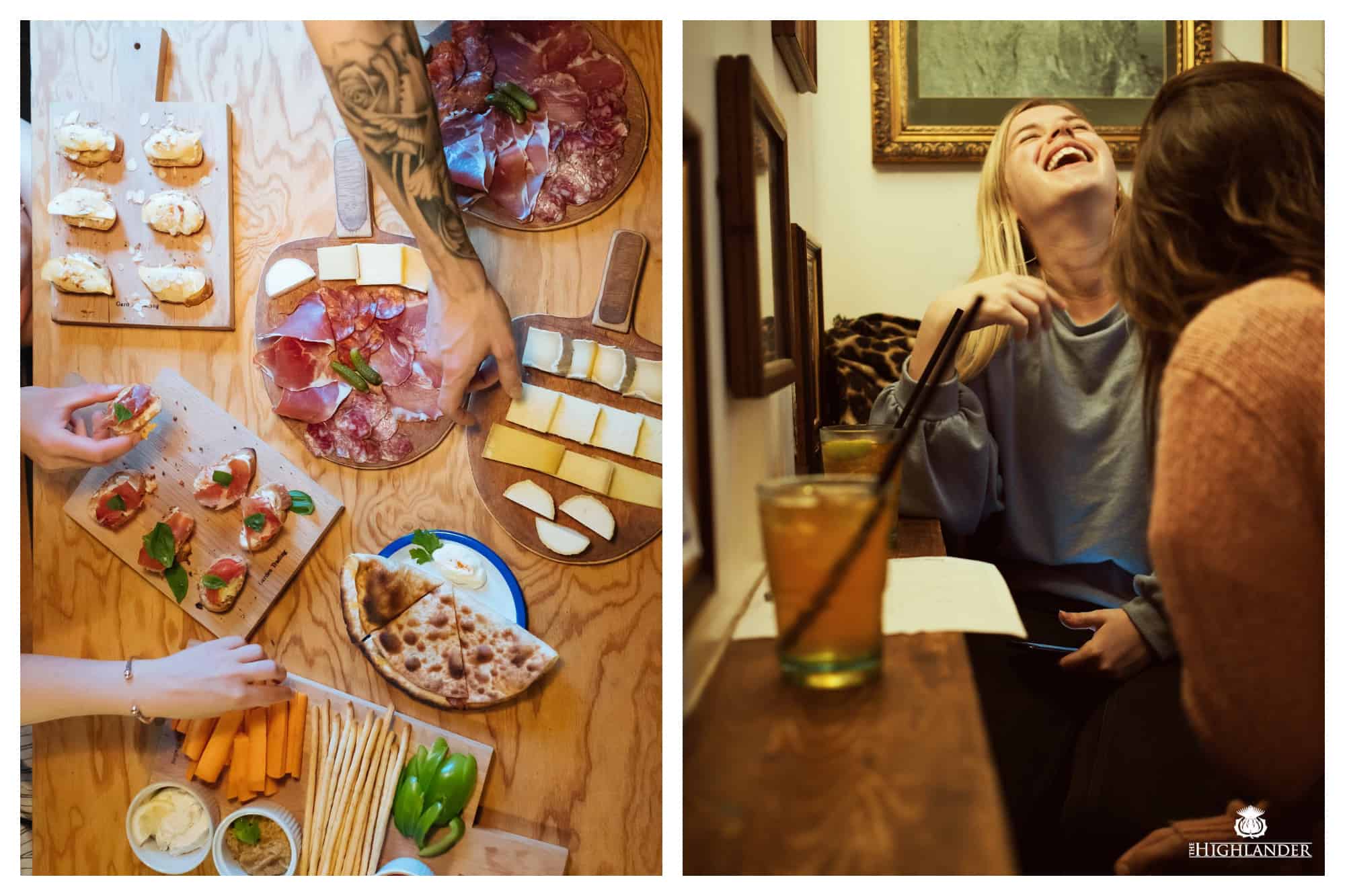 On left: Patrons of the Gossima Ping Pong Bar, in Paris' 11th arrondissement, descend on a sumptuous spread of cheese, charcuterie, bruschetta, and other shareable plates. On right: Two friends share a laugh at the trivia night hosted by The Highlander Scottish Bar in Paris' 6th arrondissement. 