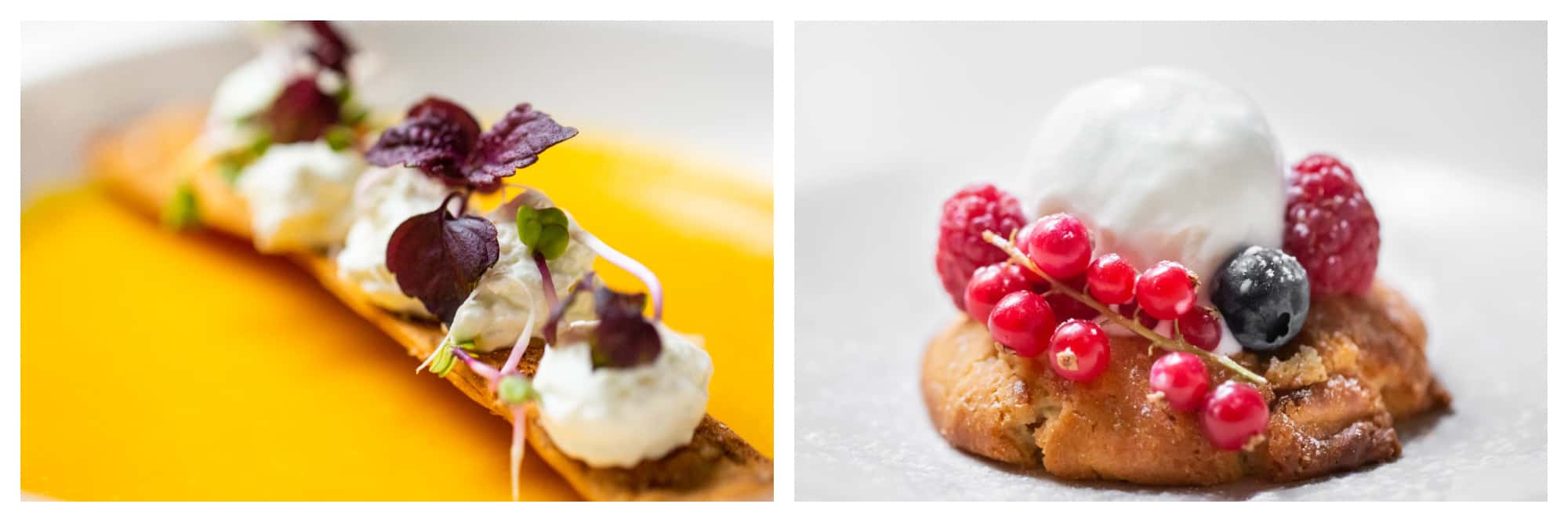 On left: A delicate biscuit sits in a pool of golden fruit coulis, dotted with cream and fresh herbs. On right: A fresh cookie is adorned with a generous scoop of vanilla ice cream and encircled by a crown of fresh, vibrant raspberries, blueberries, and currents. 