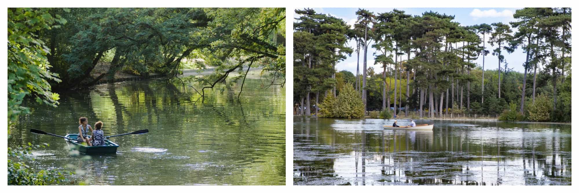 On left: Two friends enjoy a sunny afternoon at Lac Dausmenil in the Bois de Vincennes right outside of Paris, where rowboats are for rent. On right: A couple paddles a rowboat on the lake in the Bois de Boulogne, in west Paris, amidst tall trees on a sunny day. 