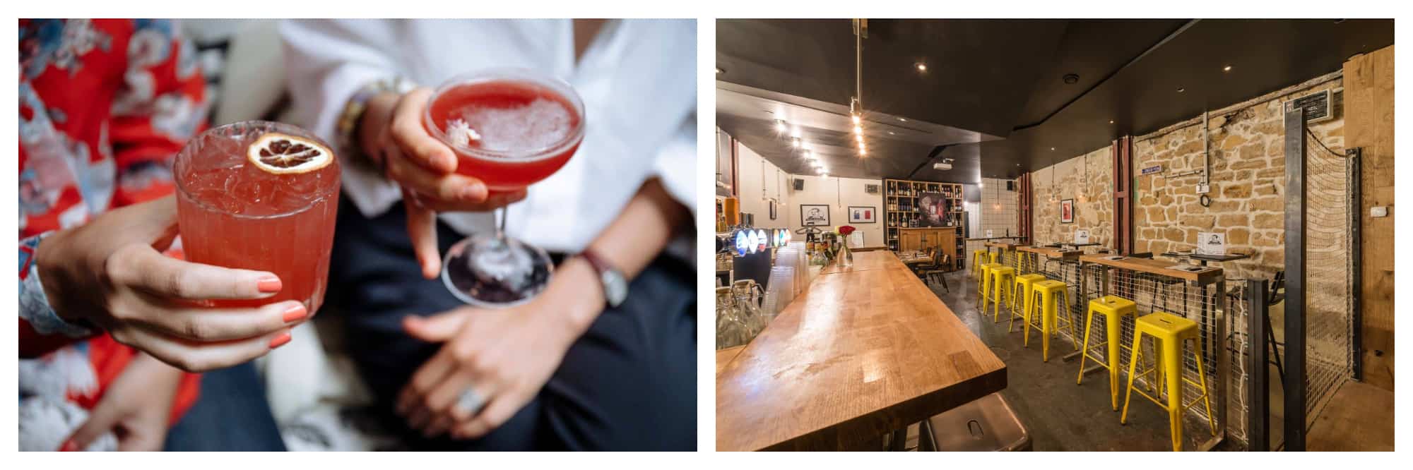 On left: Two friends hold bright cocktails from the bar Le Très Particulier in Montmartre, one a bright red and the other a soft grapefruit pink, garnished with a slice of blood orange. On right: The bar at Chez Bouboule in Paris' Pigalle neighborhood welcomes patrons to hop in for a drink and a game of pétanque, a classic summer pastime. 
