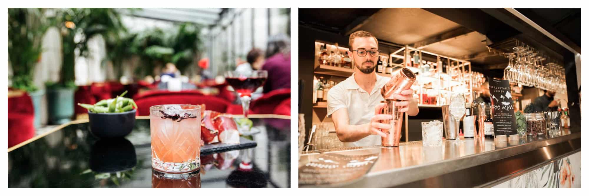 On left: A peachy floral cocktail sits in a sparkling glass at Le Très Particulier, the bar of Hôtel Particulier in Montmartre. On right: A bartender shakes up cocktails under the orange glow of the lights at the Terrass Hotel, a rooftop bar in Paris' 18th arrondissement. 
