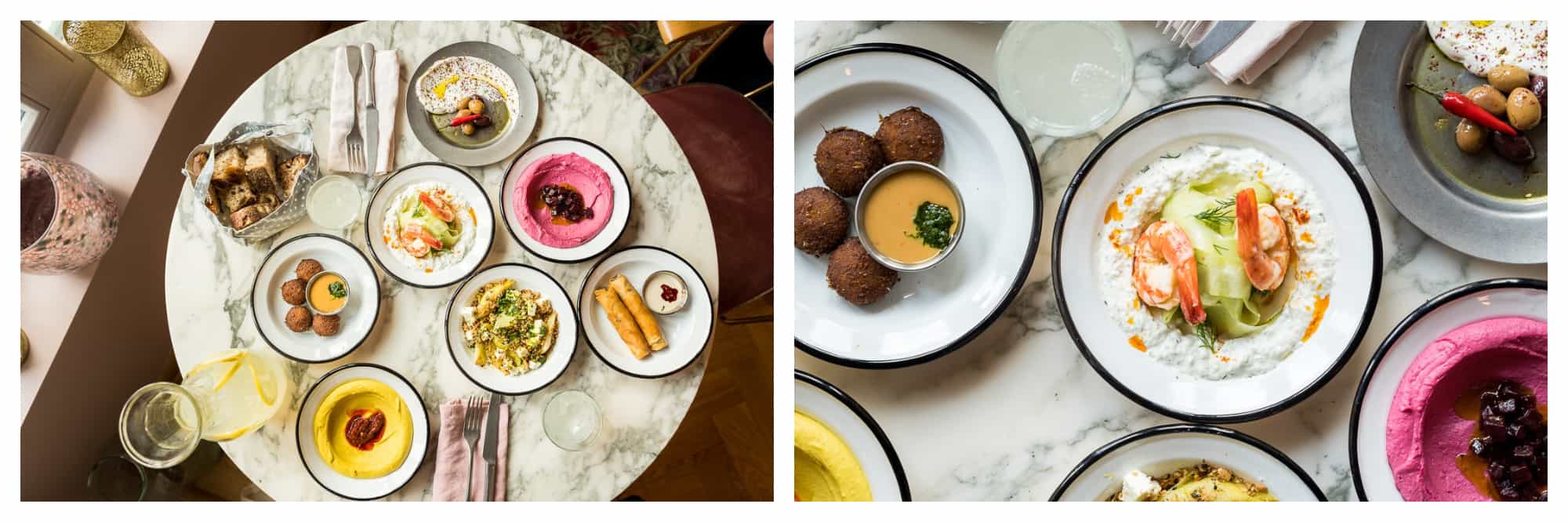 On left: A marbled table is filled with dishes from Neni, an Israeli eatery located in Gare du Nord. On right: Dishes from Neni, an Israeli restaurant in Paris' Gare du Nord, feature beet hummus and crispy falafel.