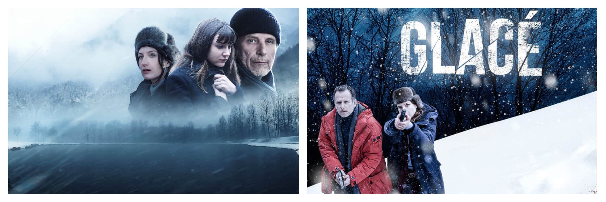 Left, cast of Steven Lasry against backdrop of misty mountains. Right, cast of The Frozen Dead Netflox series with one holding up a gun against a backdrop of snow.