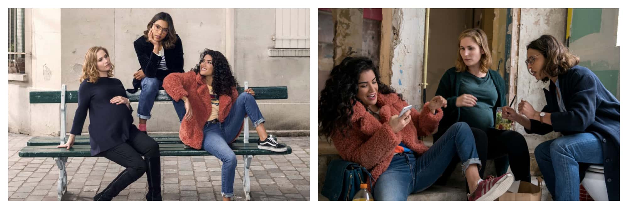 Left, three main characters from French Netflox series The Hook Up Plan, sitting on a bench in Paris. Right, the three main characters talking about a text message one of them has just received.