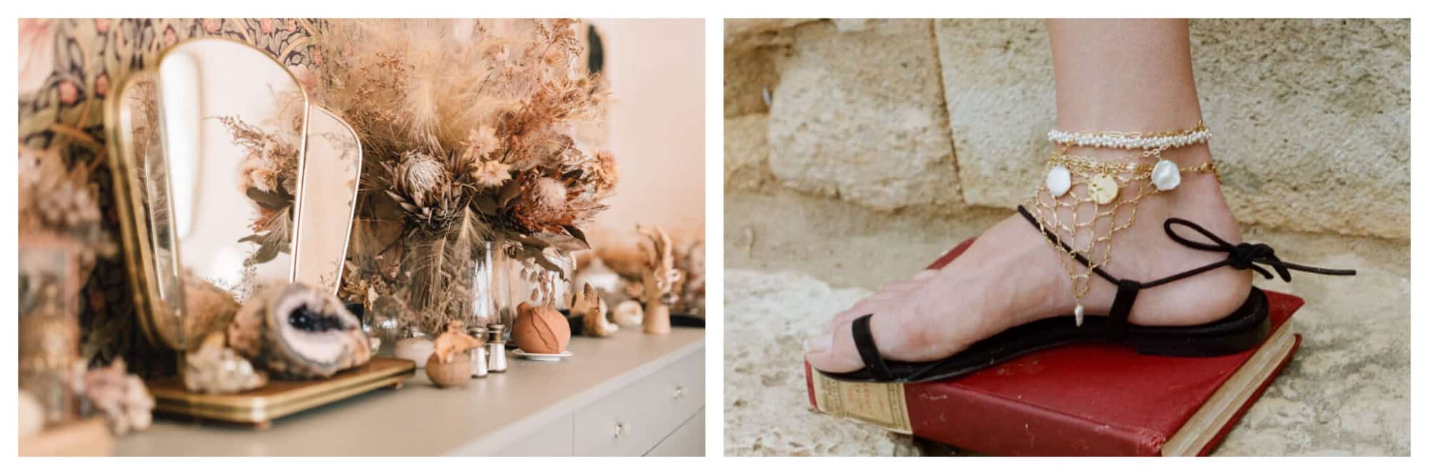 On left: At the Myrtille Beck shop in Paris' ninth arrondissement, clients are transported to a world laden with vintage charm, from the dried bouquets to the darling knick-knacks. On right: A the mesh gold anklet from Alighieri drapes gracefully over a sandalled foot. The brand and other cutting-edge designers showcase in the Galeries Lafayette on the Champs Elysées in Paris. 