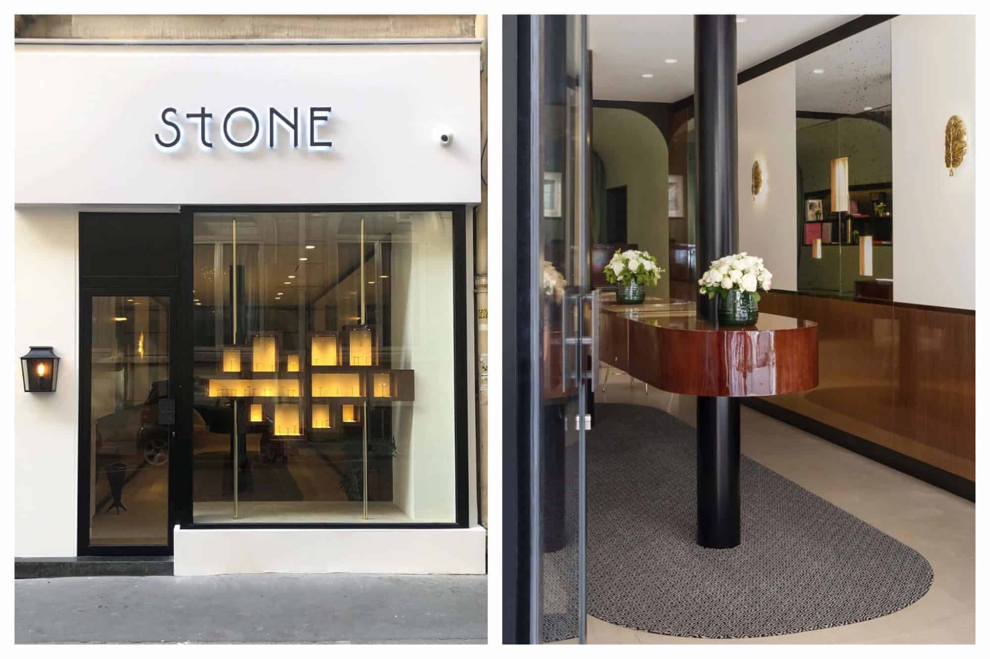 On left: Sleek and minimal, the facade of Stone Paris and its abstract, geometric jewelry window displace. On right: The interior of Stone Paris, the shop of Marie Poniatowski, creator of diamond mini-creoles — a Paris girl essential. 