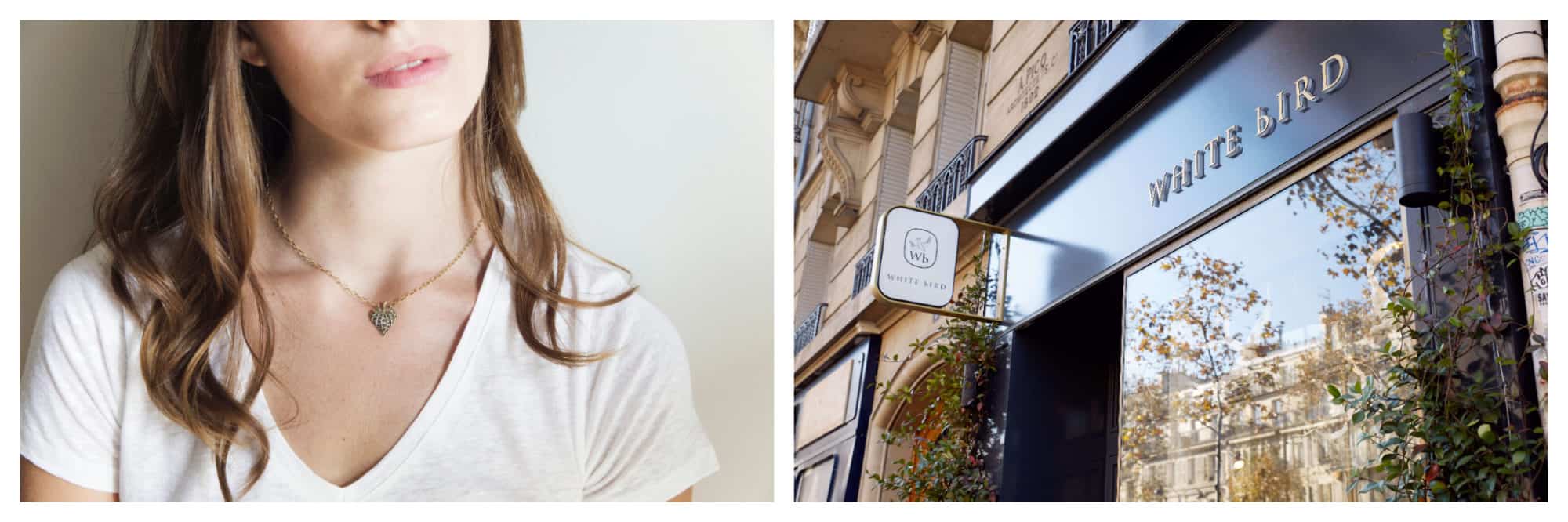 On left: A woman wears a simple jade-green pendant, strung on a gold chain. The jewelry comes from the internationally-curated collection of White Bird. On right: The White Bird storefront welcomes visitors at one of their three Paris locations, where shoppers can discover pieces created by independent jewelers.