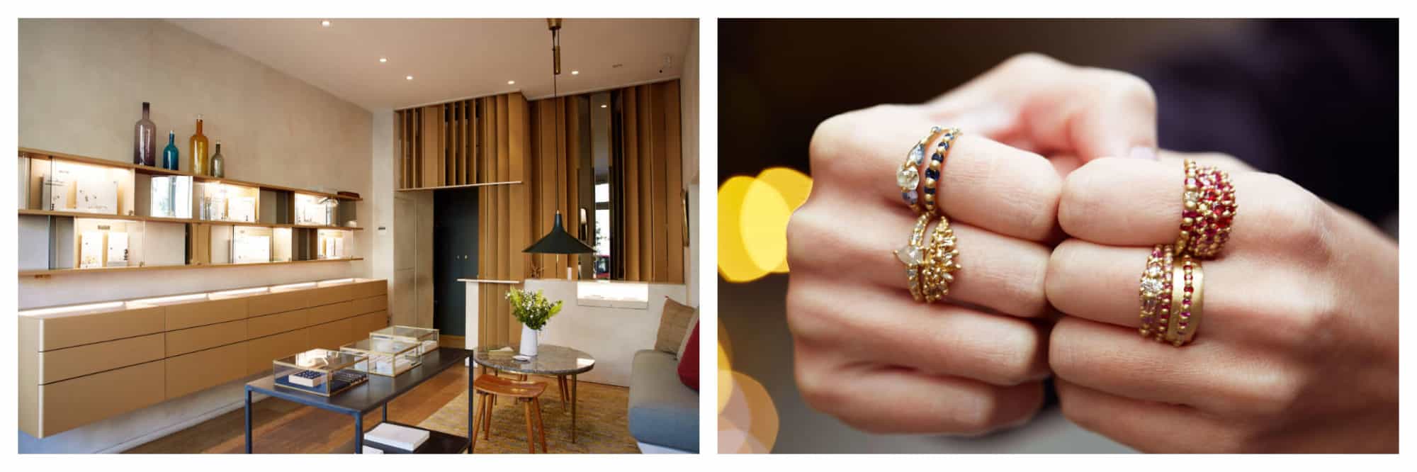On left: At White Bird, with three Paris locations, shoppers can peruse the polished displays for an international curation of jewelry by independent designers. On right: Multi-colored and dotted with diamonds, the gold rings designed by Polly Wales put the "statement" in statement jewelry. Her collection is available at White Bird, which has three locations in Paris. 