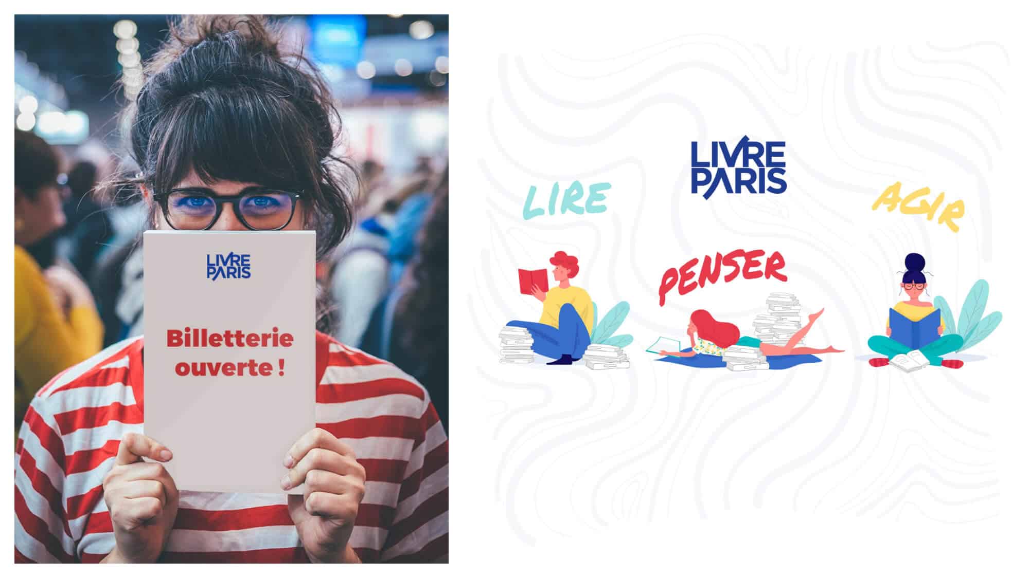Left, a girl holding up a book that reads "tickets now on sale" for the Paris book fair in March. Right, a poster advertising the Paris book fair.