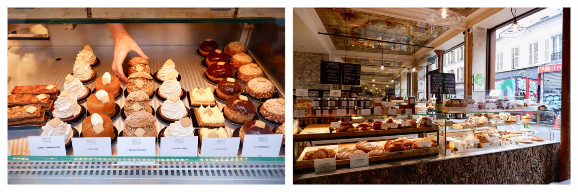 Left: the window display of a boulangerie with various types of patisseries. The sales assistant is picking up one of the patisseries. Right: the interior of the boulangerie. The glass display cases are full of bread and pastries. The back wall is mirrored and the vintage art nouveau roof is reflected.