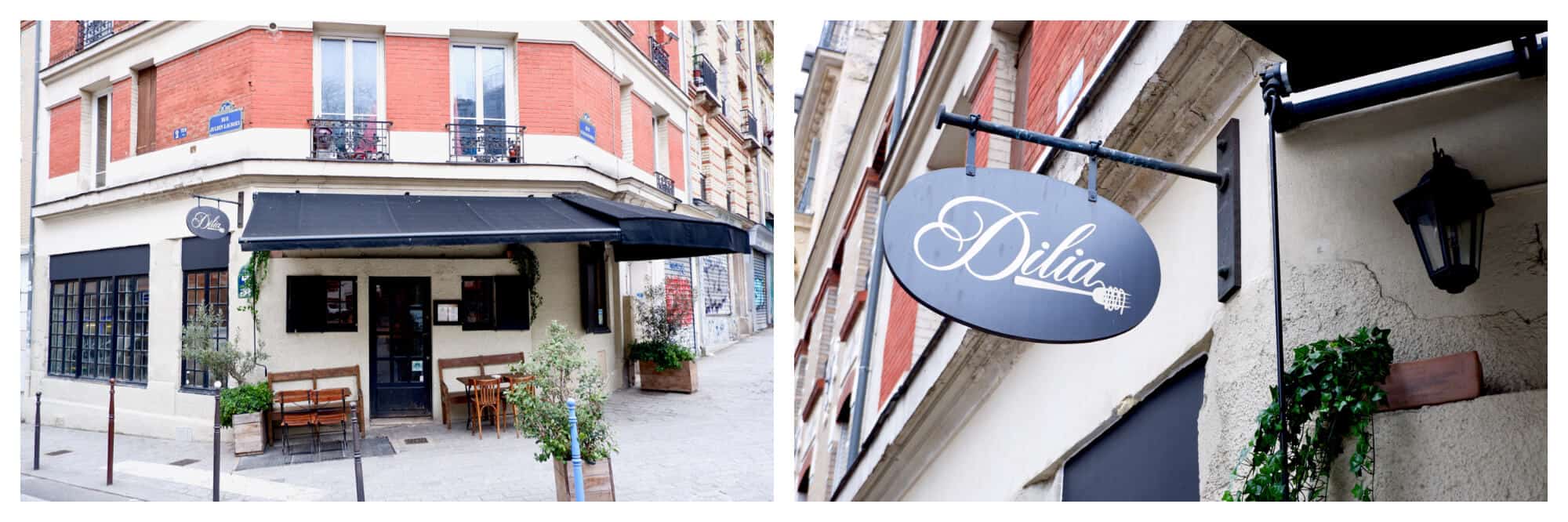 Left: the facade of a restaurant. The window frames and awning are black and there are two wooden tables and chairs on either side of the front door. Right: a close up of the restaurant's sign. The sign is black with the name of the restaurant 'Dilia' written in cursive.
