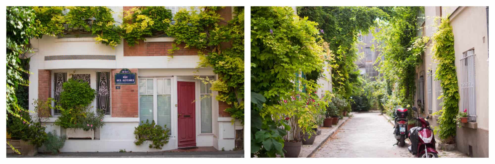 On left: In the Quartier de la Mouzaïa, located in Paris' 19th arrondissement, a quaint red door sits nestled in under lush vines on a sunny summer day. On right: The rue des Thermopyles, in Paris' 14th arrondissement, is quiet on a sunny day, light bouncing off of the abundant greenery. 