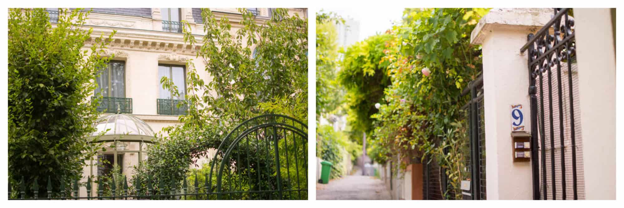 On left: The Cité des Fleurs in the 17th arrondissement of Paris features gated homes with unique architectural and botanical styles. On right: Tiny pink flowers begin to bud in the Quartier de la Mouzaïa in the 19th arrondissement of Paris. 