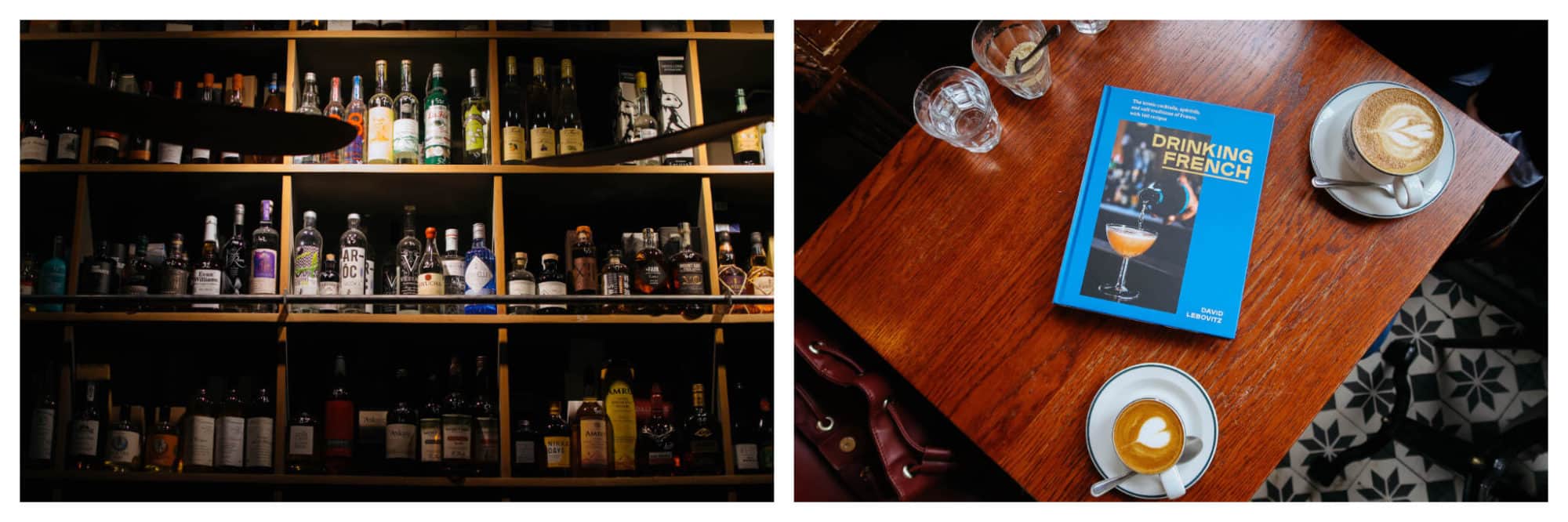 Left, shelves stacked with batch-made liquors and spirits in Paris. Right, David Lebovitz's new book 'Drinking French'.