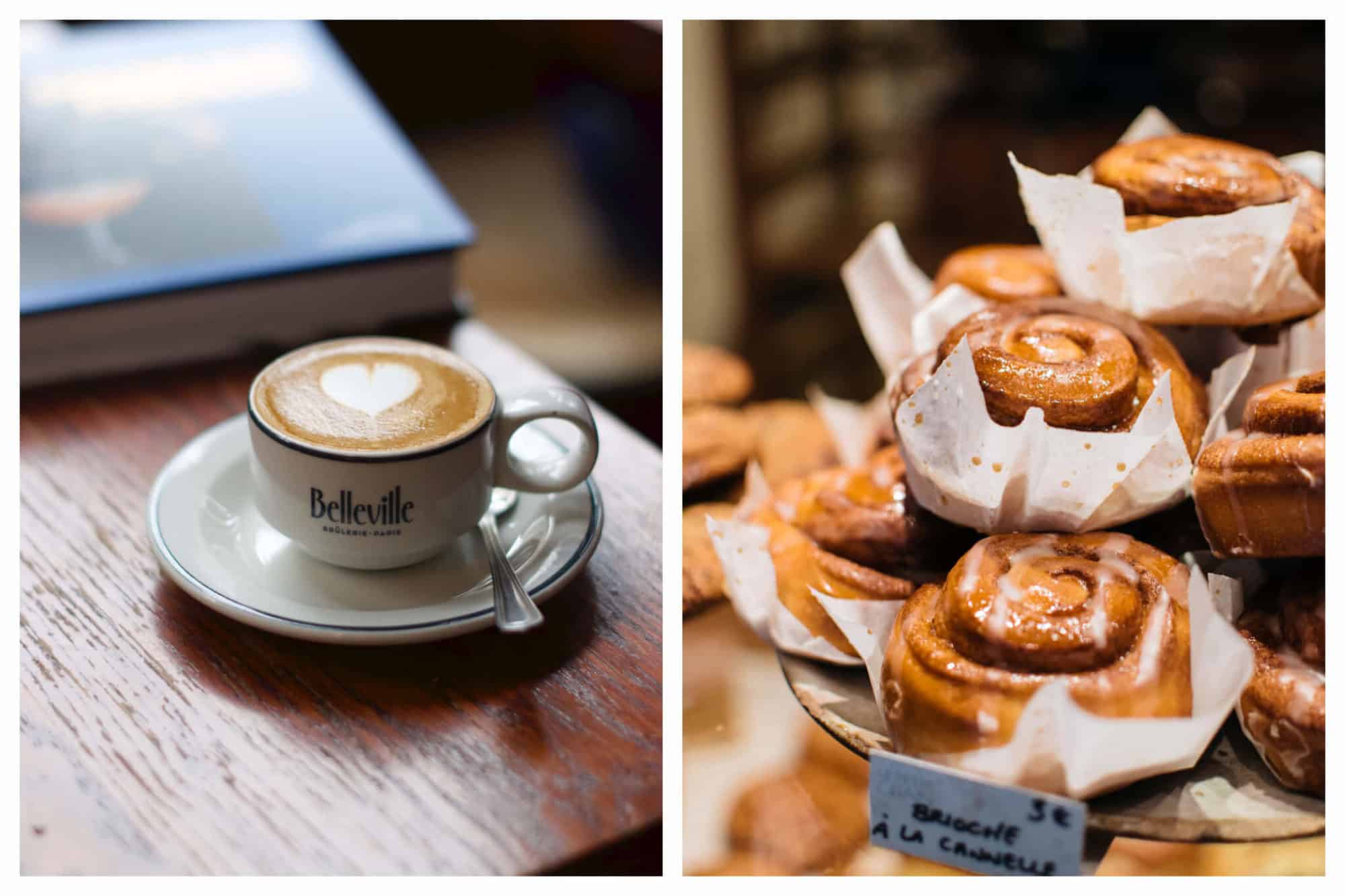 Left, a cup of frothy coffee on the wooden counter of La Fontaine de Belleville in Paris. Right, sticky cinnamon rolls stacked on the counter of a bakery in Paris.
