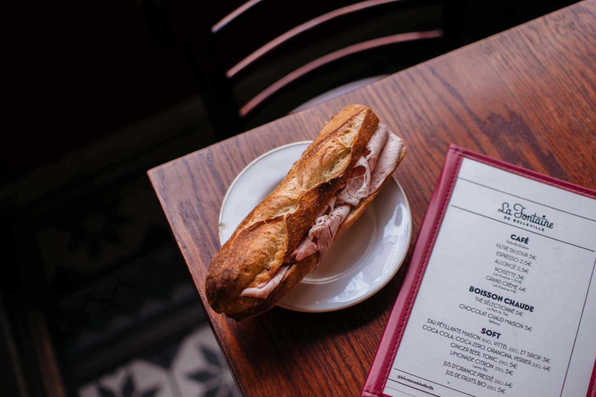 A crunchy baguette filled with ham at the Fontaine de Belleville coffee shop where David Lebovitz loves to eat.