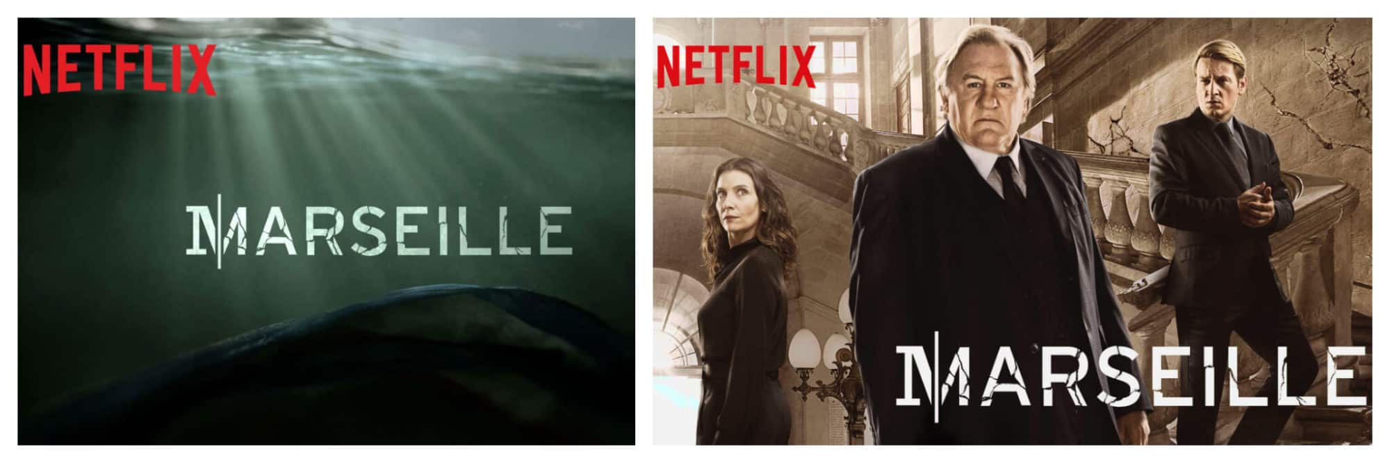 Left and right, posters for French Netflix series Marseille with Gérard Depardieu, the perfect antidote to staying at home while on lockdown.