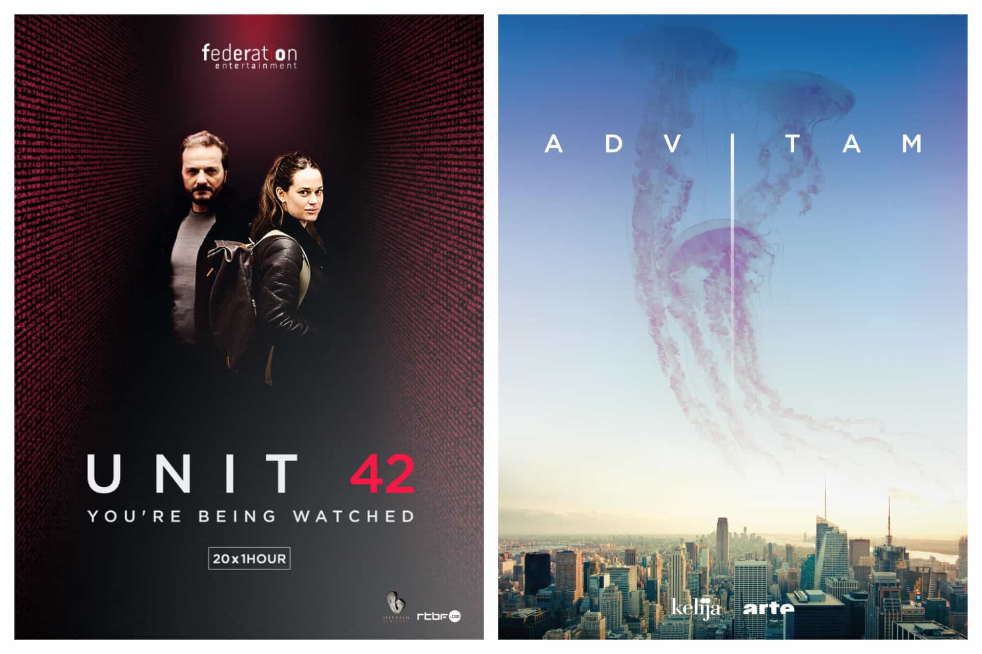 Left, poster for French Netflix series Unit 42, a crime series. Right, poster for French Netflix series Advitam with about aliens.