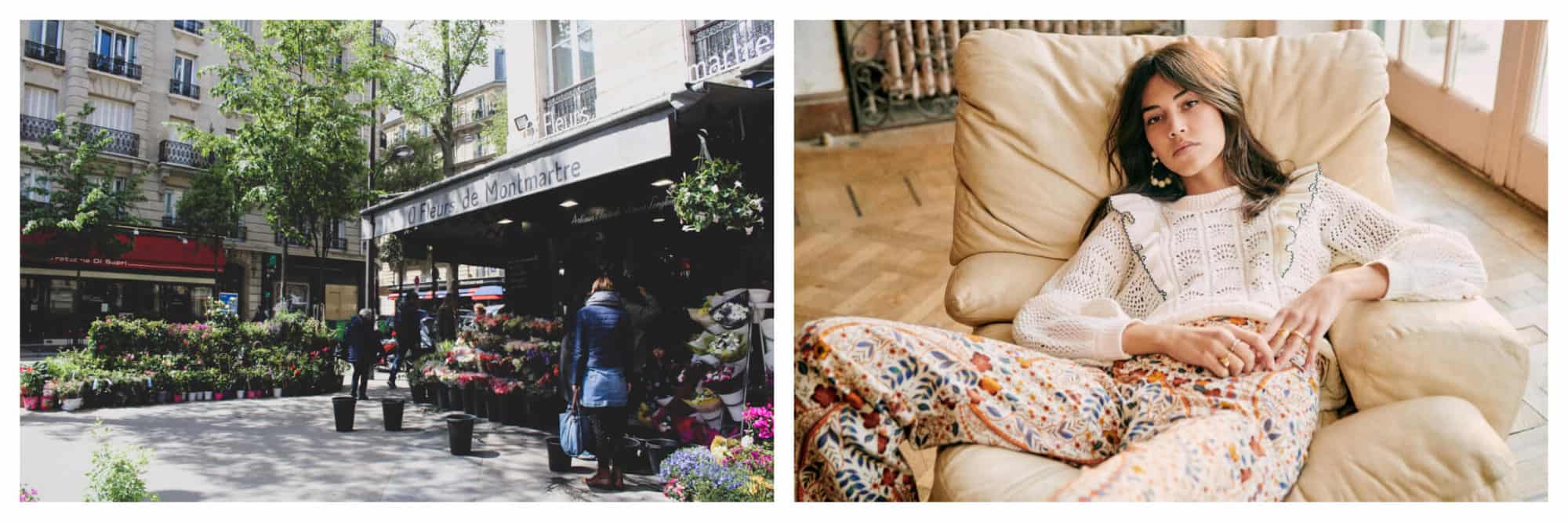 Left, flower shop in Paris springtime. Right, a girl sprawled in a leather armchair wearing  Sézane outfit in Paris.