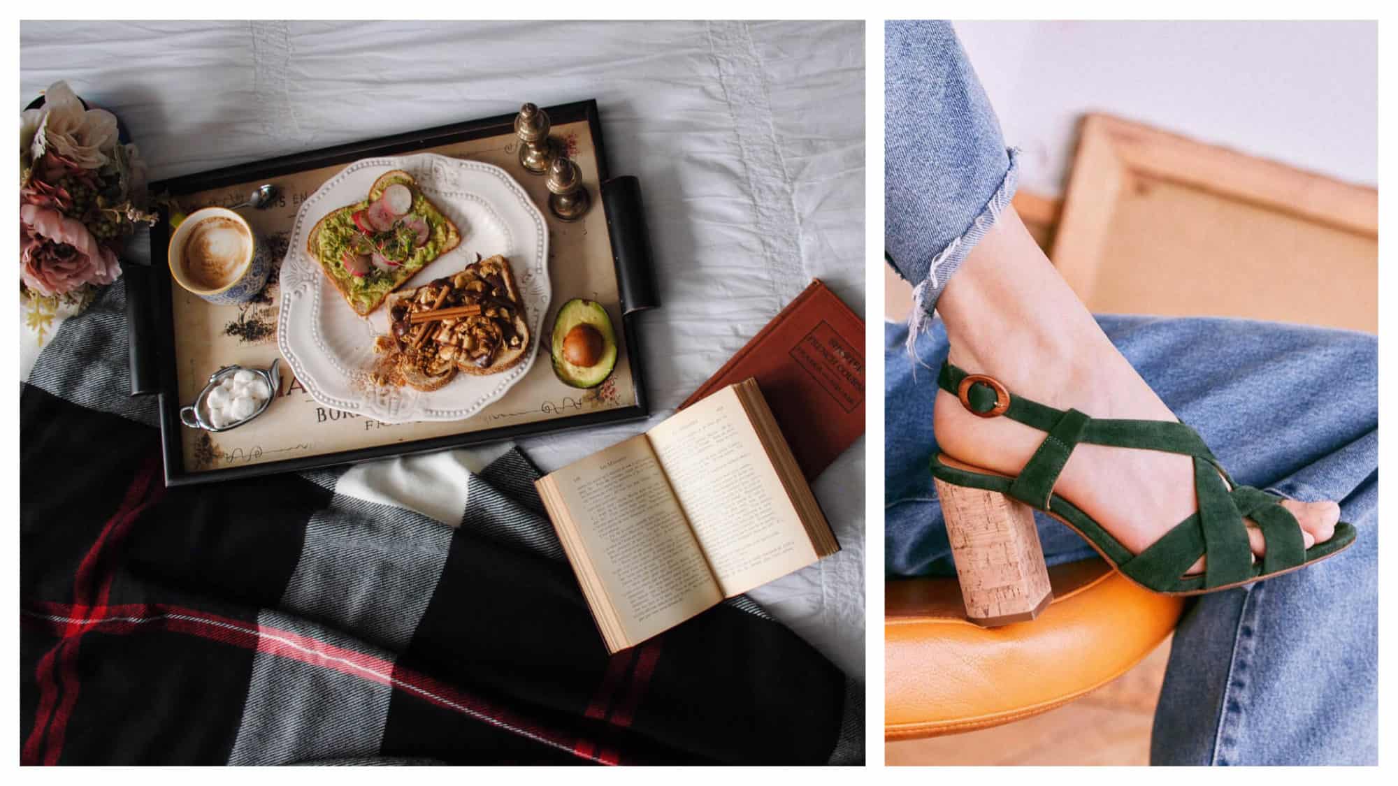 Left, a tray with a hearty breakfast and an open book, the perfect way to enjoy a day of confinement. Right, a pair of Sézane green velvet and cork-heel shoes to shop to remind you of Paris without leaving home.
